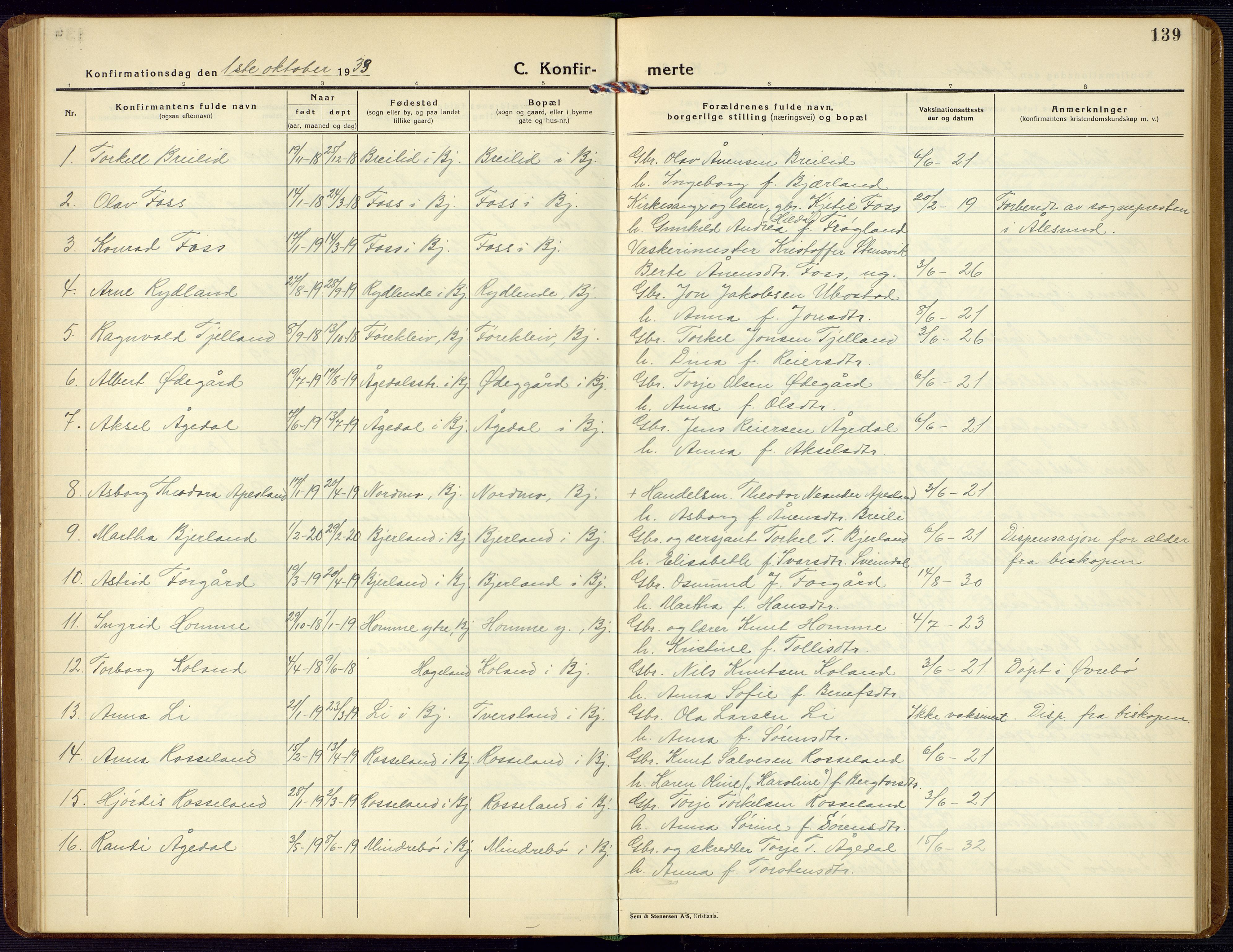 Bjelland sokneprestkontor, AV/SAK-1111-0005/F/Fb/Fba/L0006: Klokkerbok nr. B 6, 1923-1956, s. 139