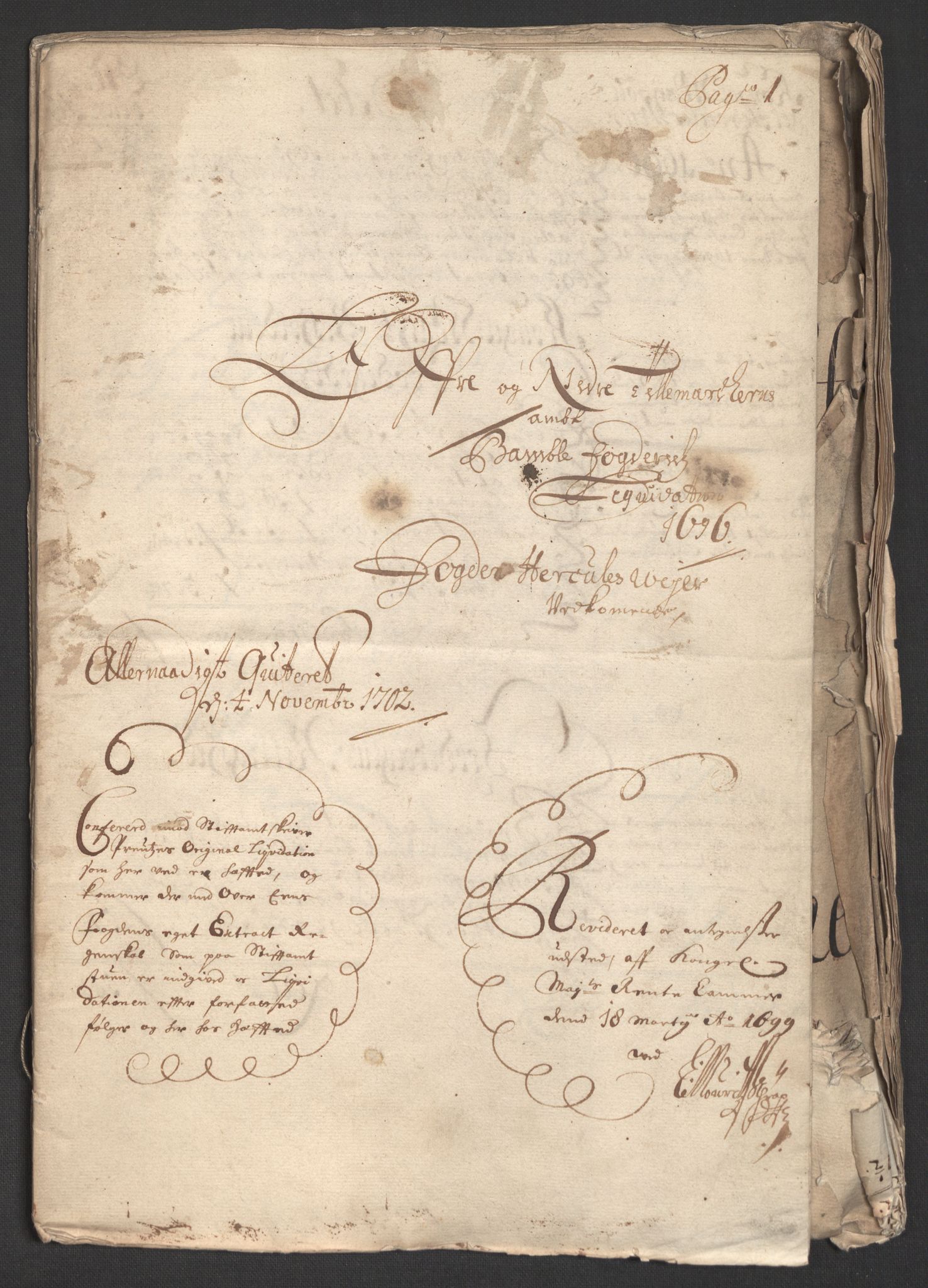 Rentekammeret inntil 1814, Reviderte regnskaper, Fogderegnskap, AV/RA-EA-4092/R36/L2094: Fogderegnskap Øvre og Nedre Telemark og Bamble, 1696, s. 4