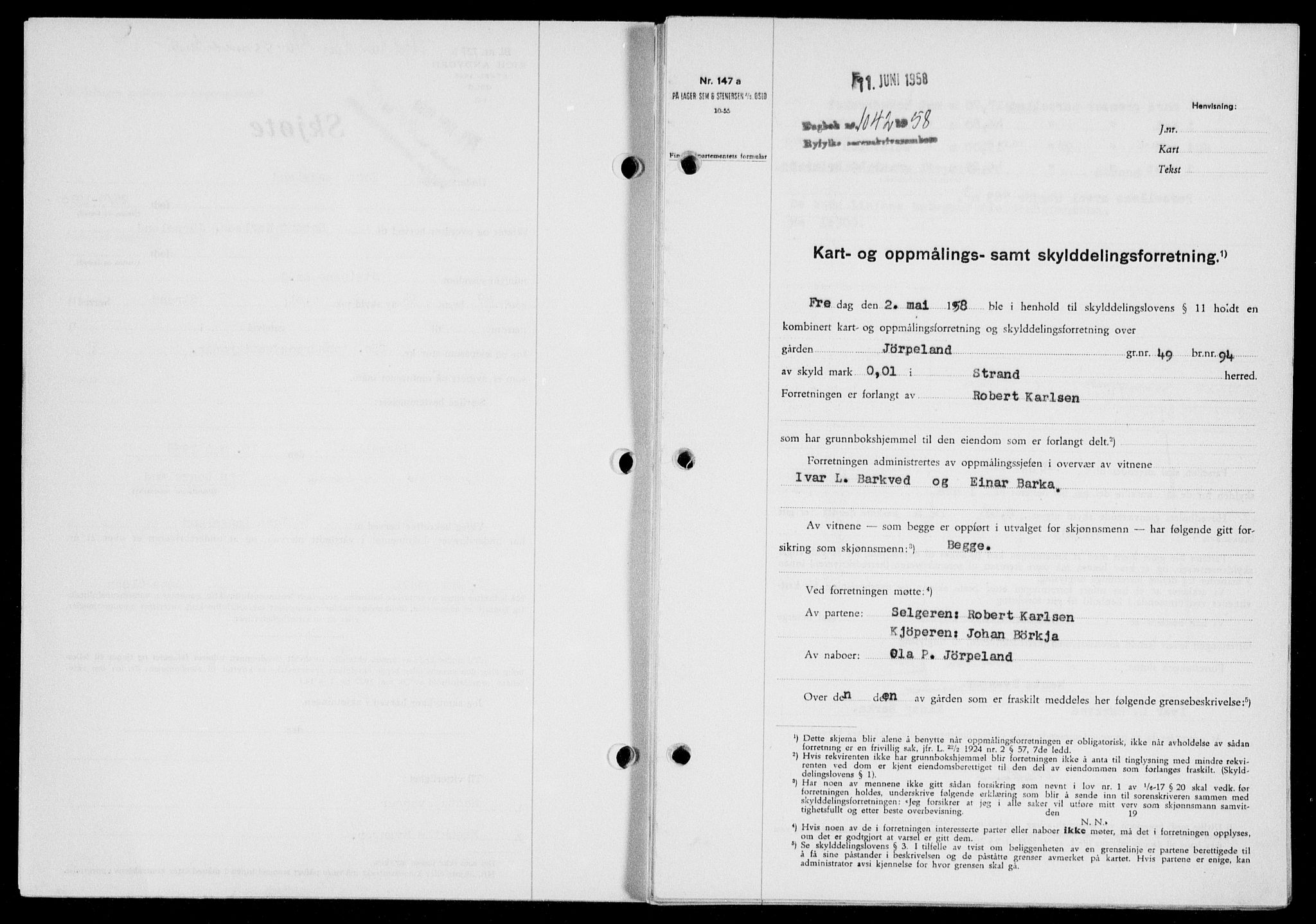 Ryfylke tingrett, SAST/A-100055/001/II/IIB/L0142: Pantebok nr. 121, 1958-1958, Dagboknr: 1042/1958