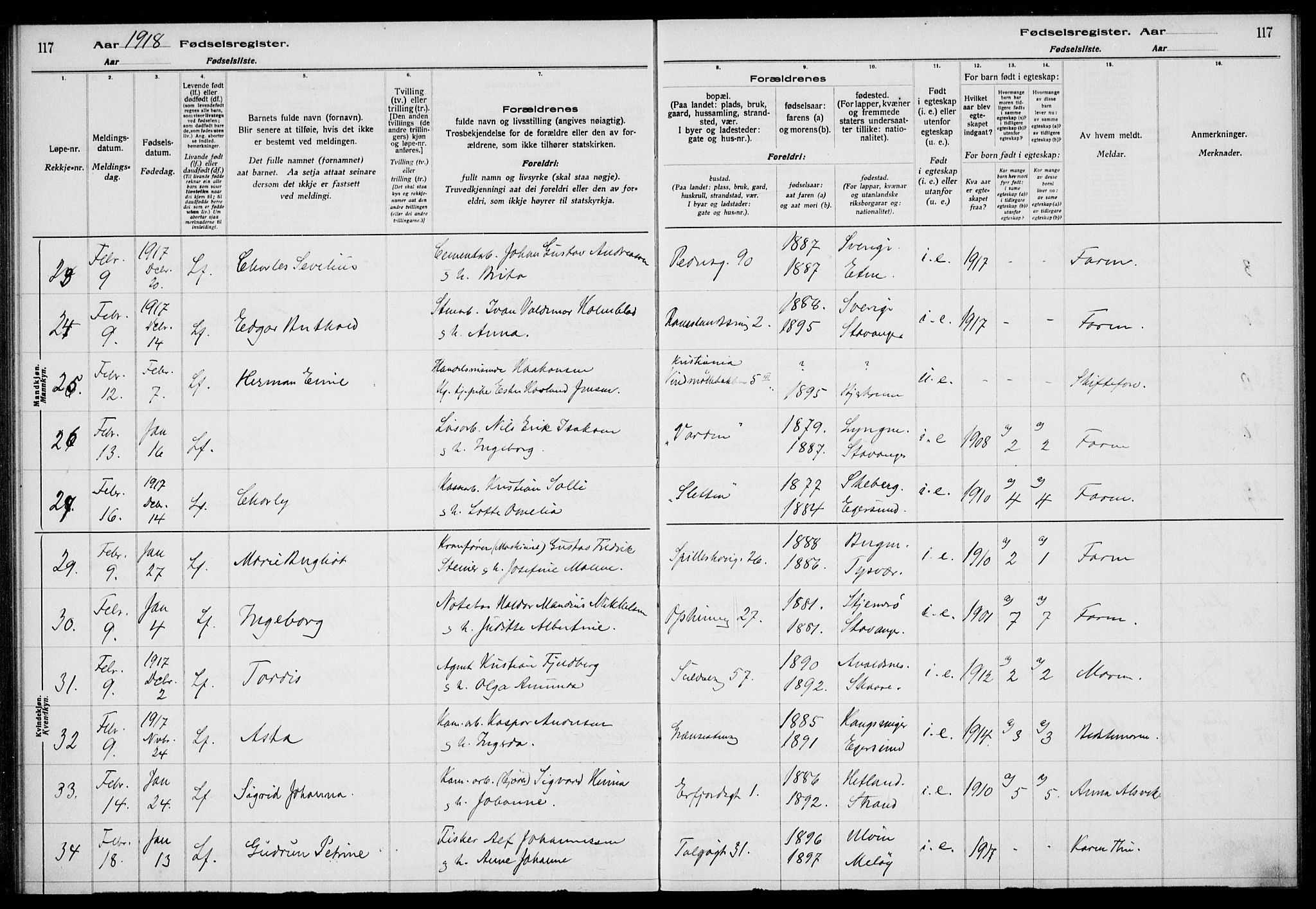 St. Johannes sokneprestkontor, AV/SAST-A-101814/002/A/L0001: Fødselsregister nr. 1, 1916-1919, s. 117