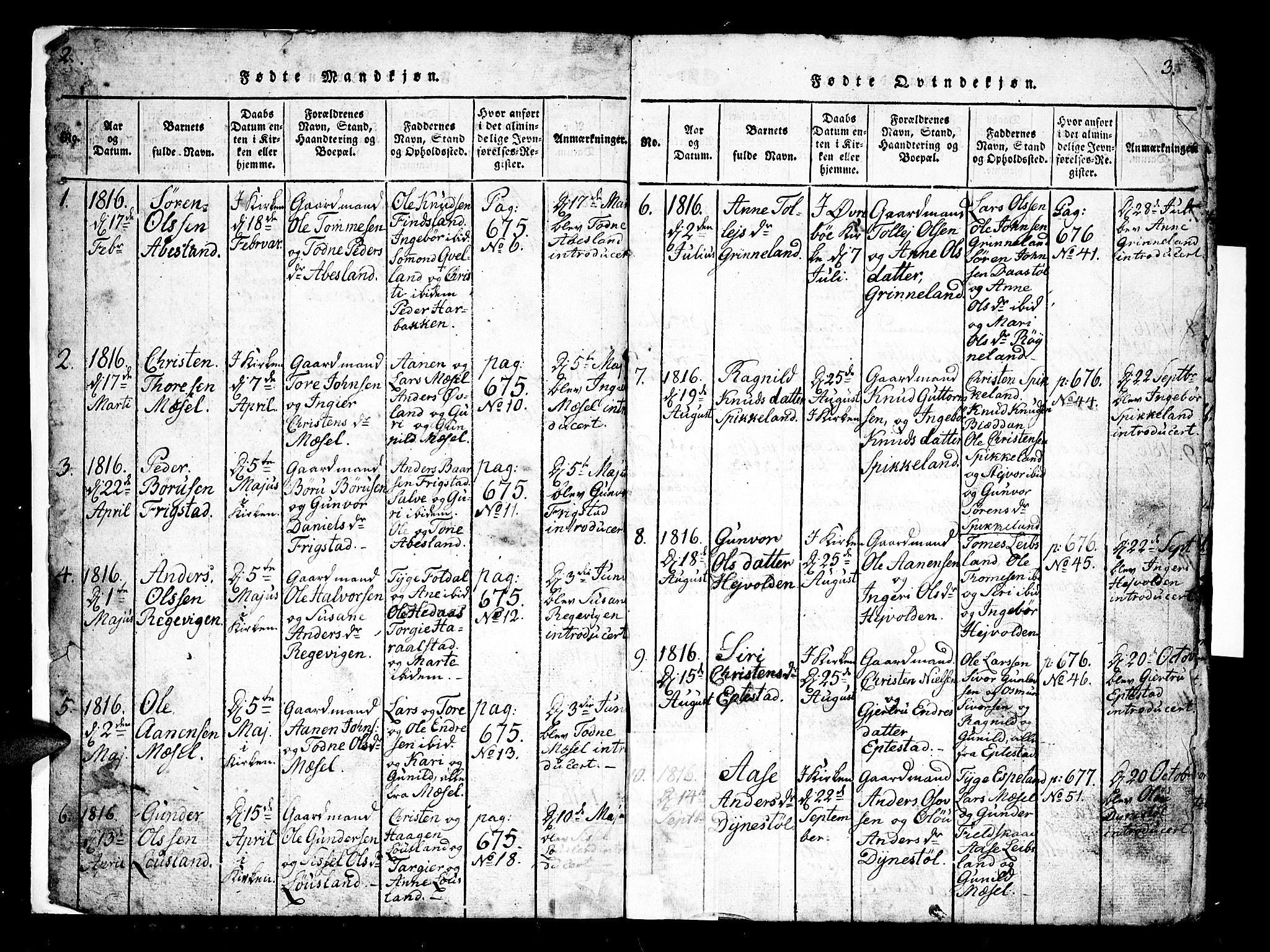 Bjelland sokneprestkontor, SAK/1111-0005/F/Fb/Fbb/L0003: Klokkerbok nr. B 3, 1816-1868, s. 2-3