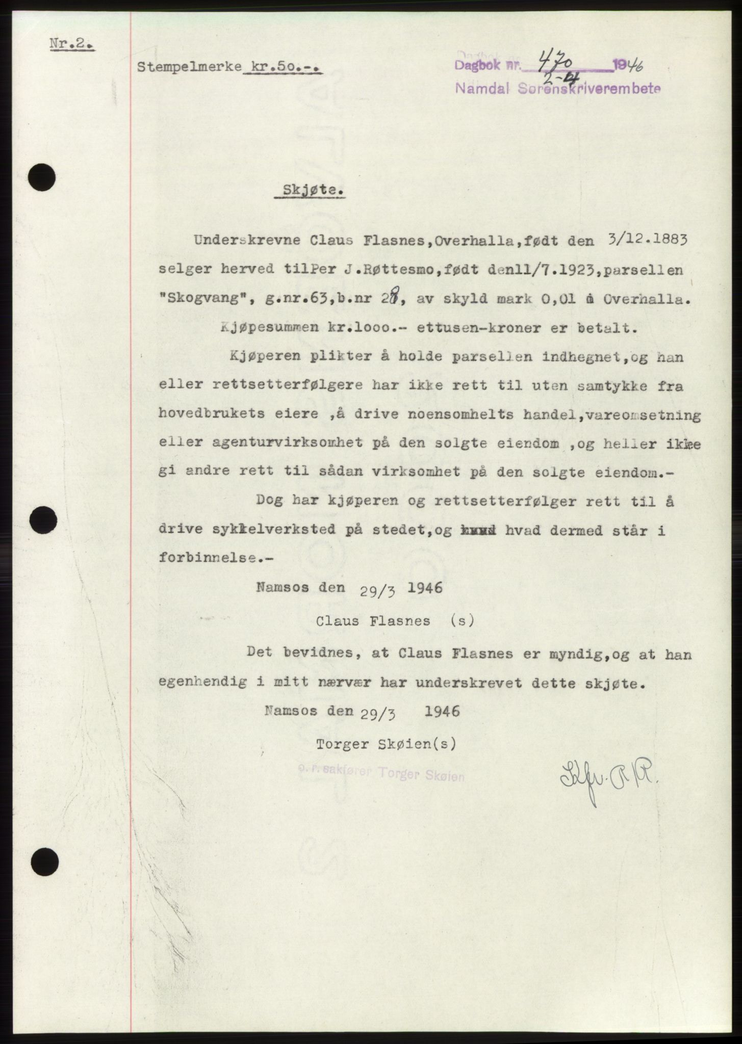 Namdal sorenskriveri, SAT/A-4133/1/2/2C: Pantebok nr. -, 1946-1946, Dagboknr: 470/1946