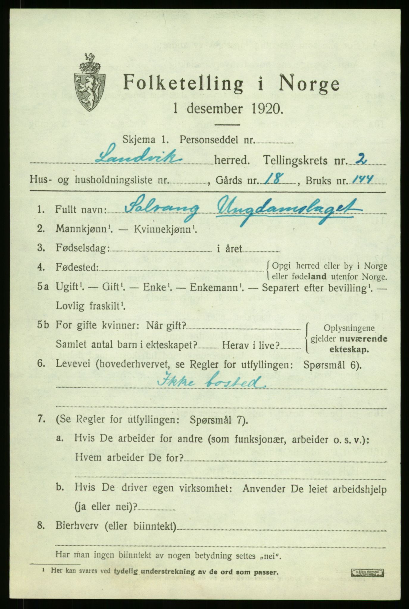 RA, Folketellinga 1920: Uplasserte skjema, 1920, s. 63