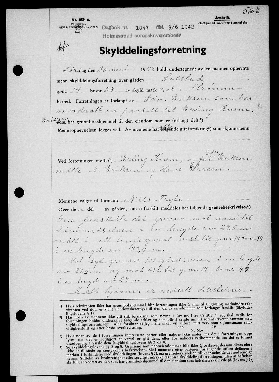Holmestrand sorenskriveri, SAKO/A-67/G/Ga/Gaa/L0055: Pantebok nr. A-55, 1942-1942, Dagboknr: 1047/1942