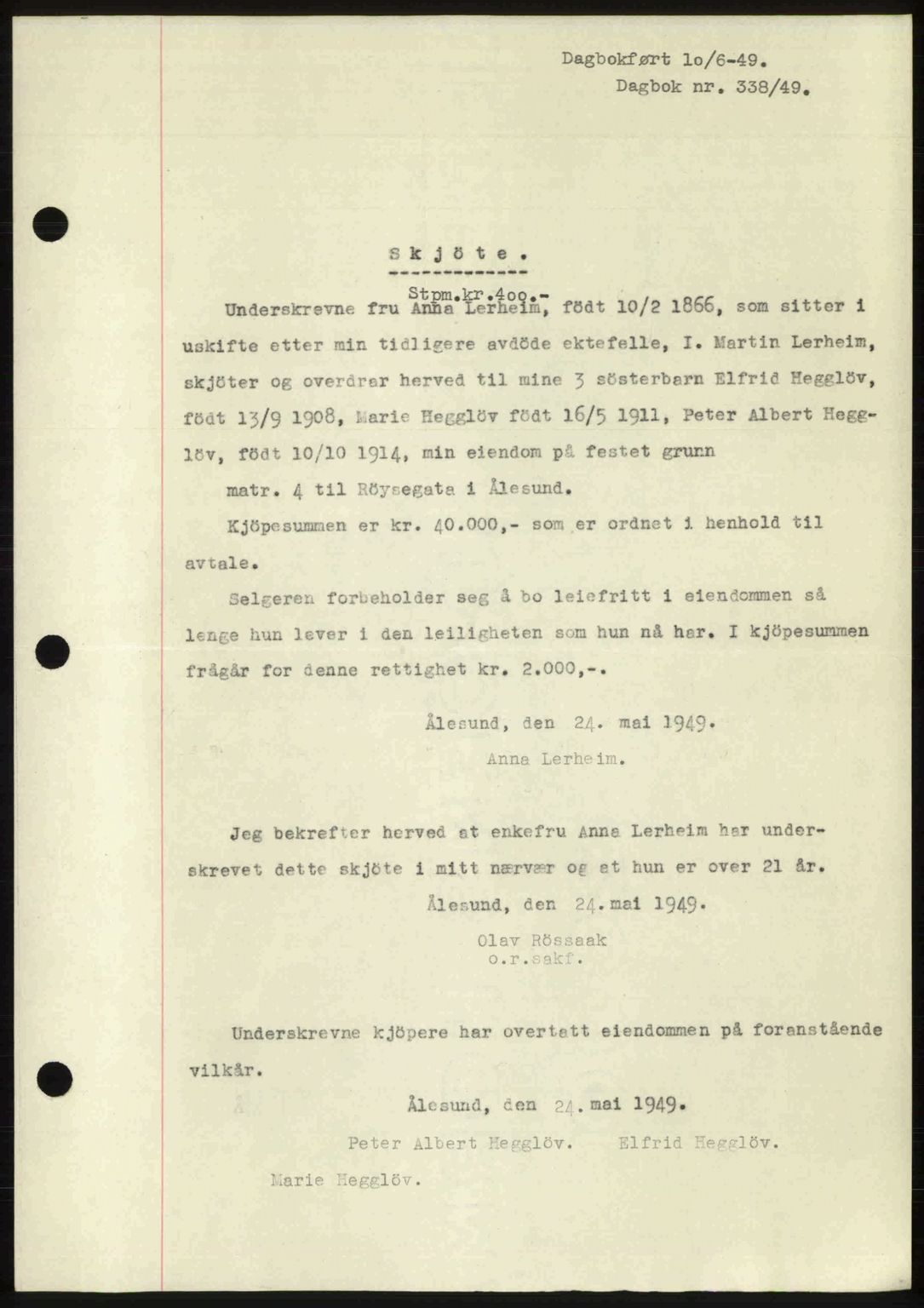 Ålesund byfogd, AV/SAT-A-4384: Pantebok nr. 37A (1), 1947-1949, Dagboknr: 338/1949