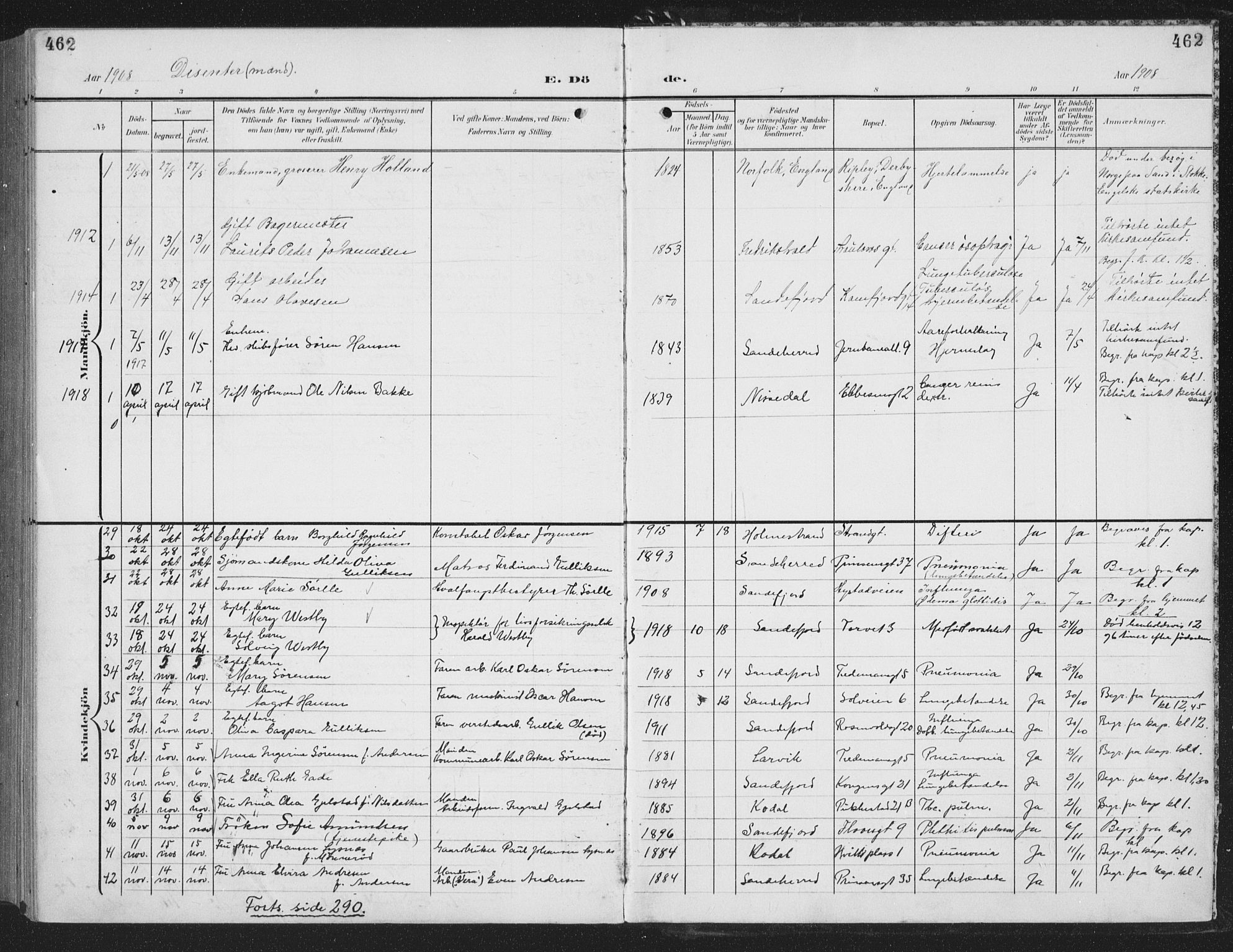 Sandefjord kirkebøker, AV/SAKO-A-315/G/Ga/L0003: Klokkerbok nr. 3, 1903-1920, s. 462