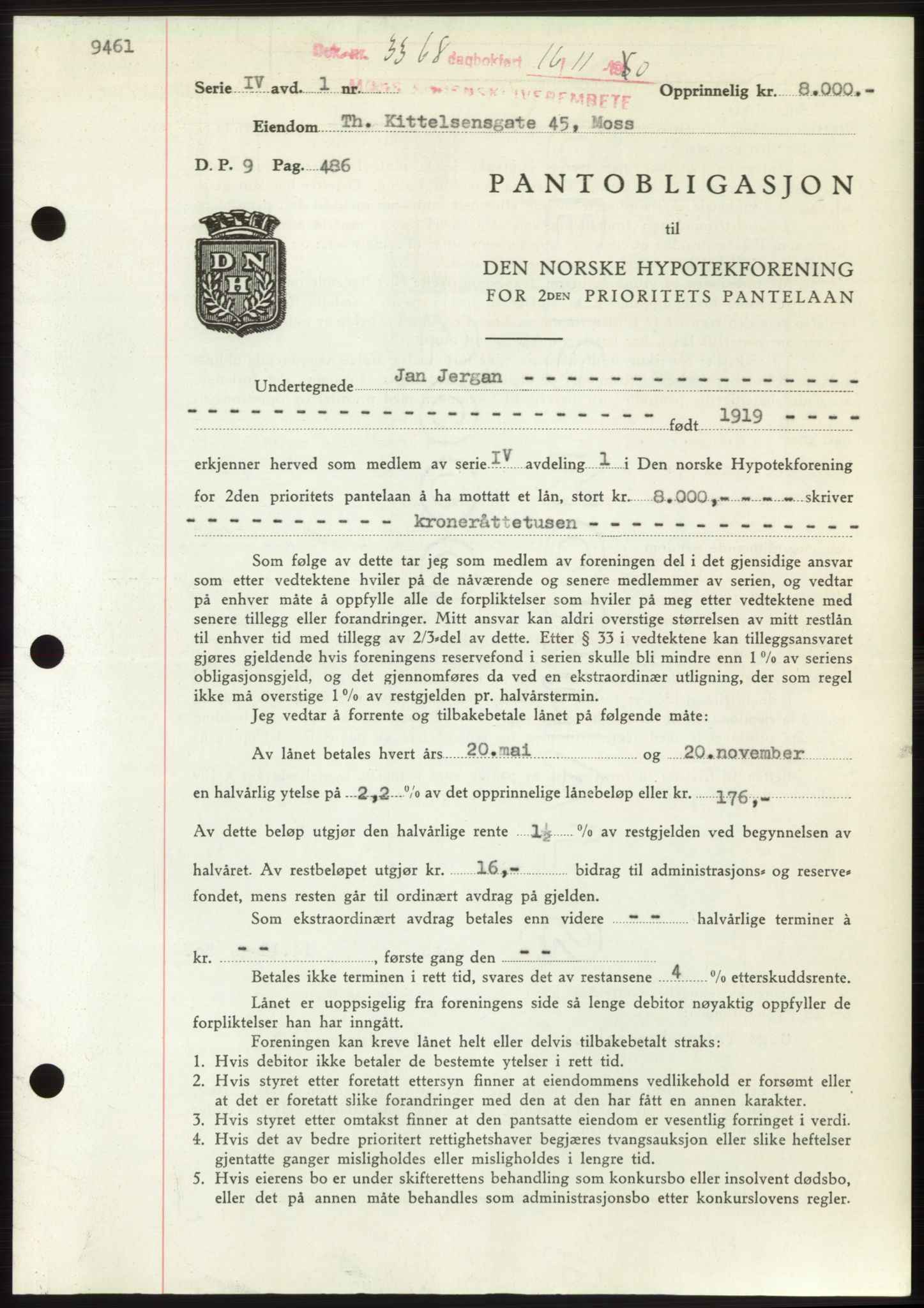 Moss sorenskriveri, SAO/A-10168: Pantebok nr. B25, 1950-1950, Dagboknr: 3368/1950
