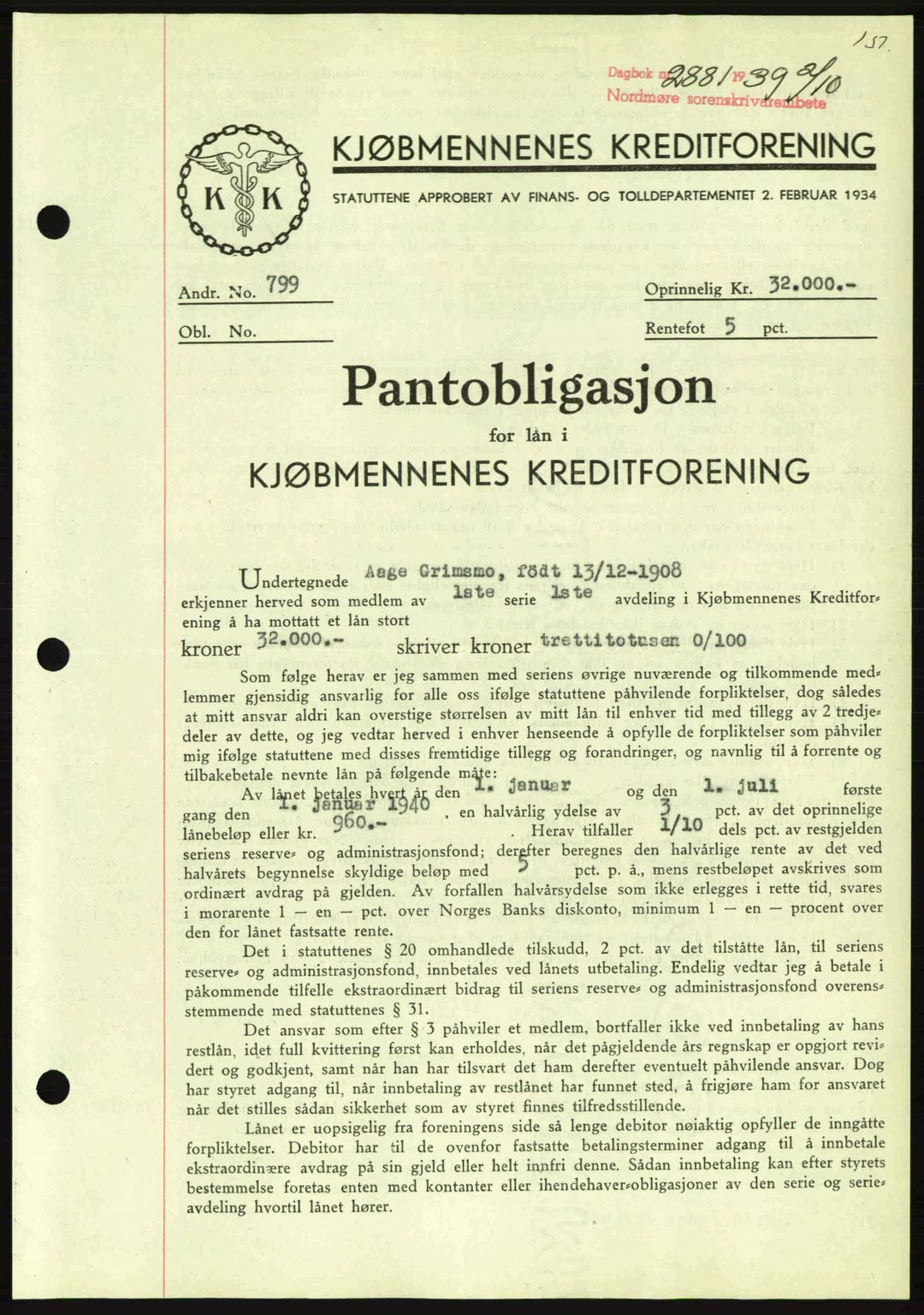 Nordmøre sorenskriveri, AV/SAT-A-4132/1/2/2Ca: Pantebok nr. B86, 1939-1940, Dagboknr: 2881/1939