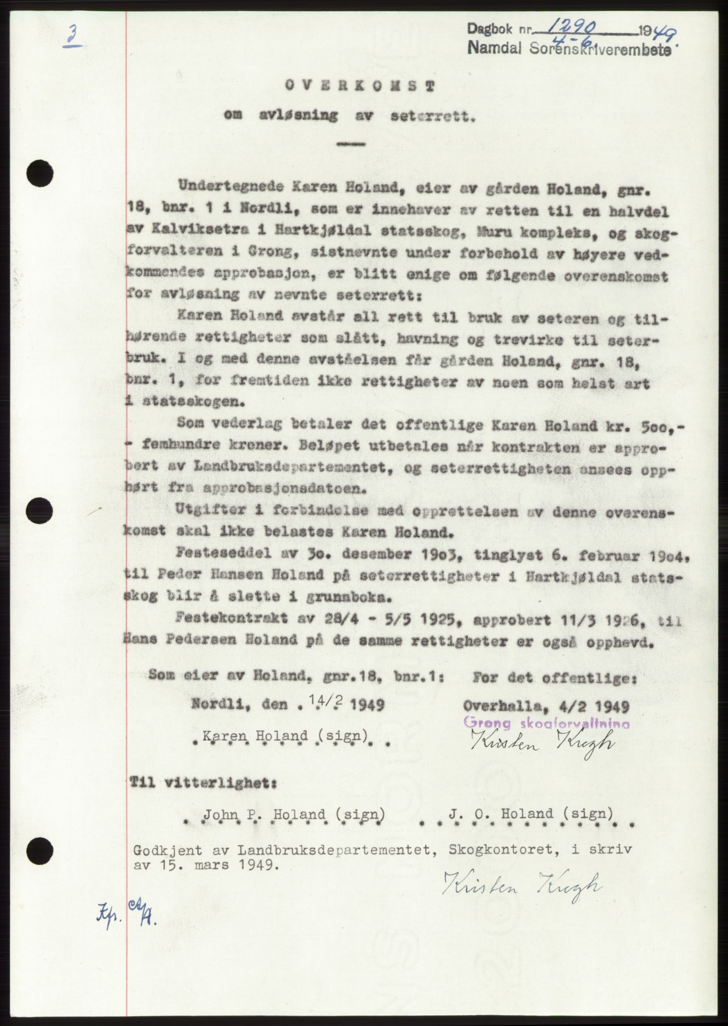 Namdal sorenskriveri, SAT/A-4133/1/2/2C: Pantebok nr. -, 1949-1949, Dagboknr: 1290/1949