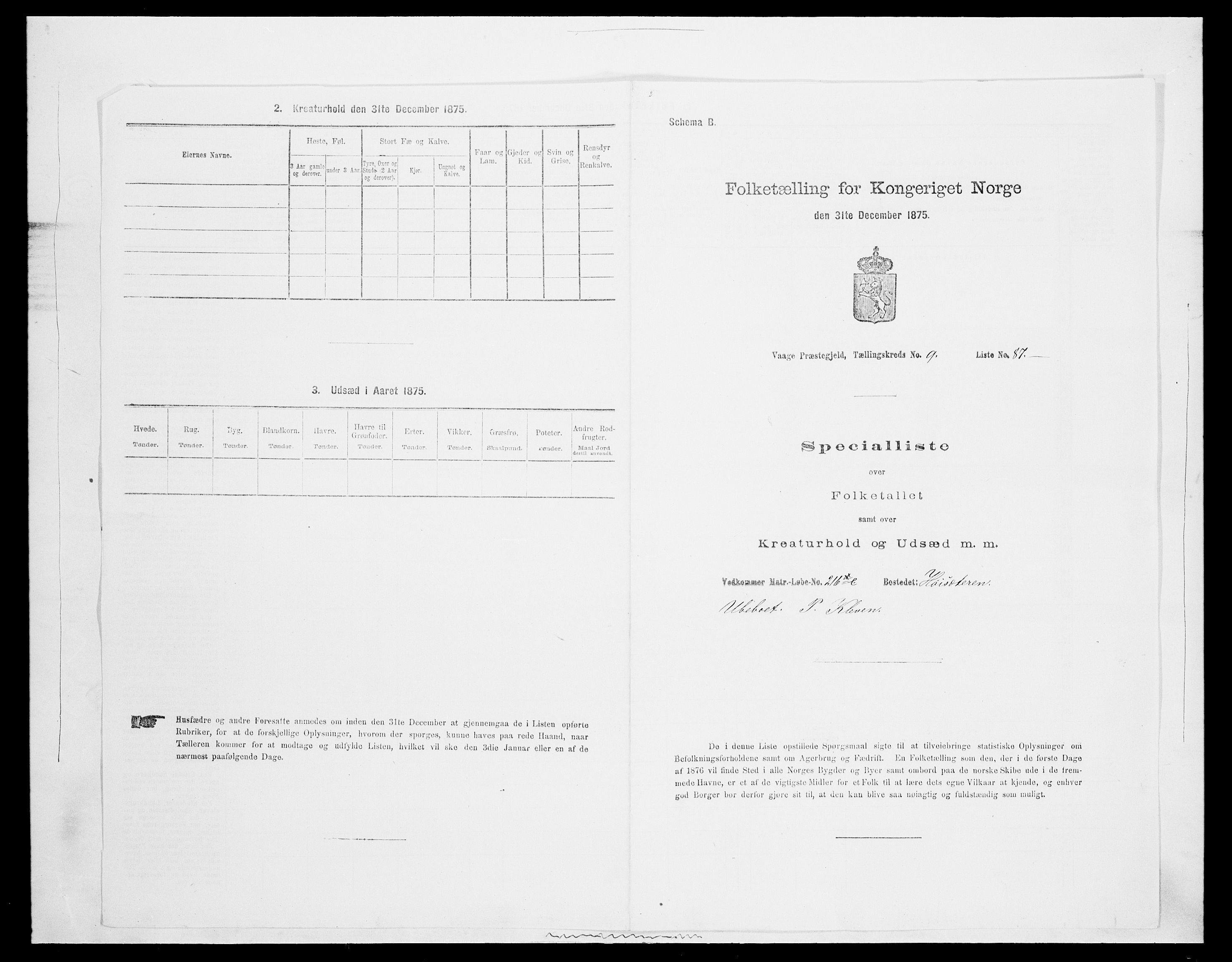 SAH, Folketelling 1875 for 0515P Vågå prestegjeld, 1875, s. 1697