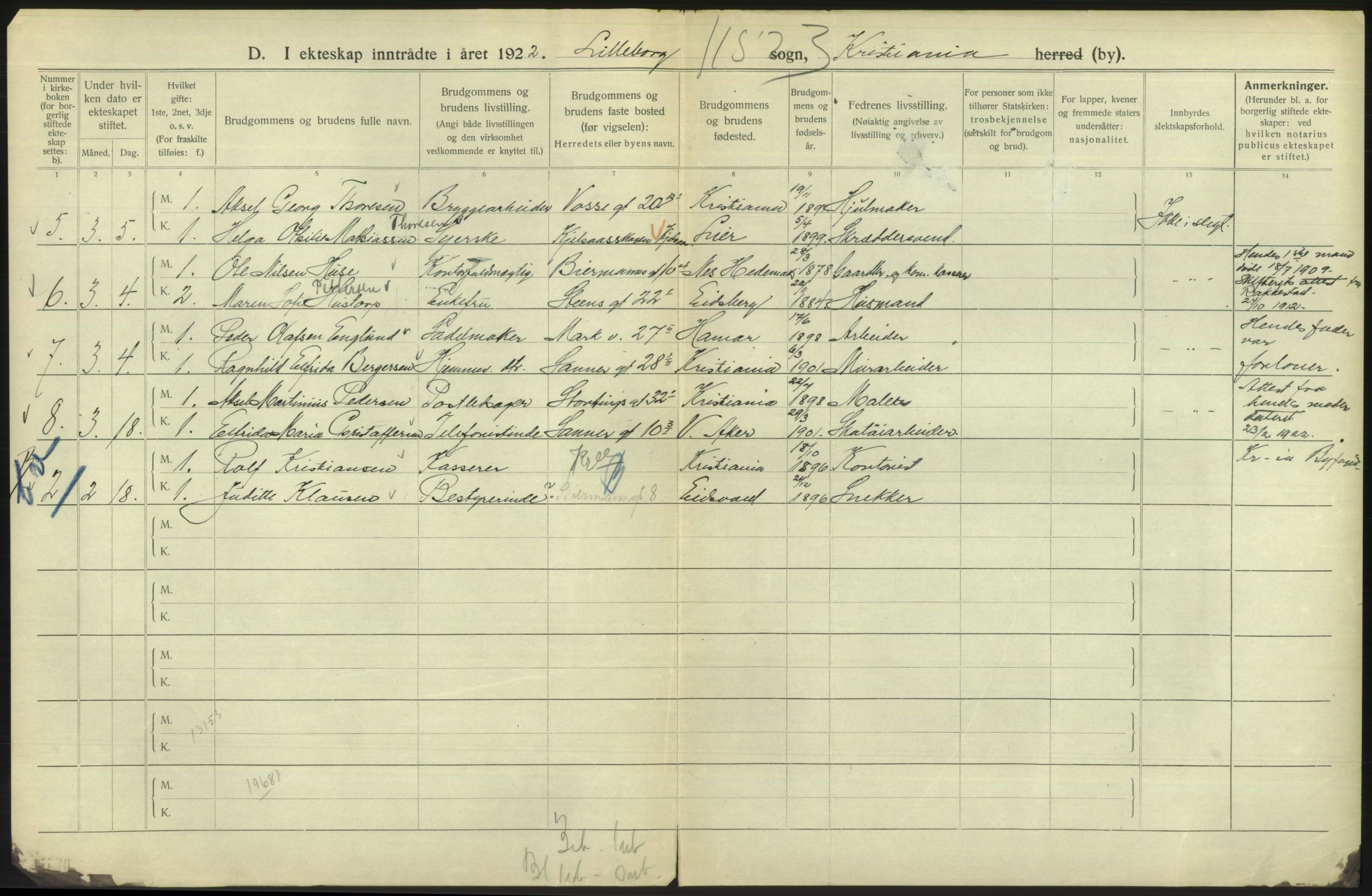 Statistisk sentralbyrå, Sosiodemografiske emner, Befolkning, AV/RA-S-2228/D/Df/Dfc/Dfcb/L0008: Kristiania: Gifte, 1922, s. 626