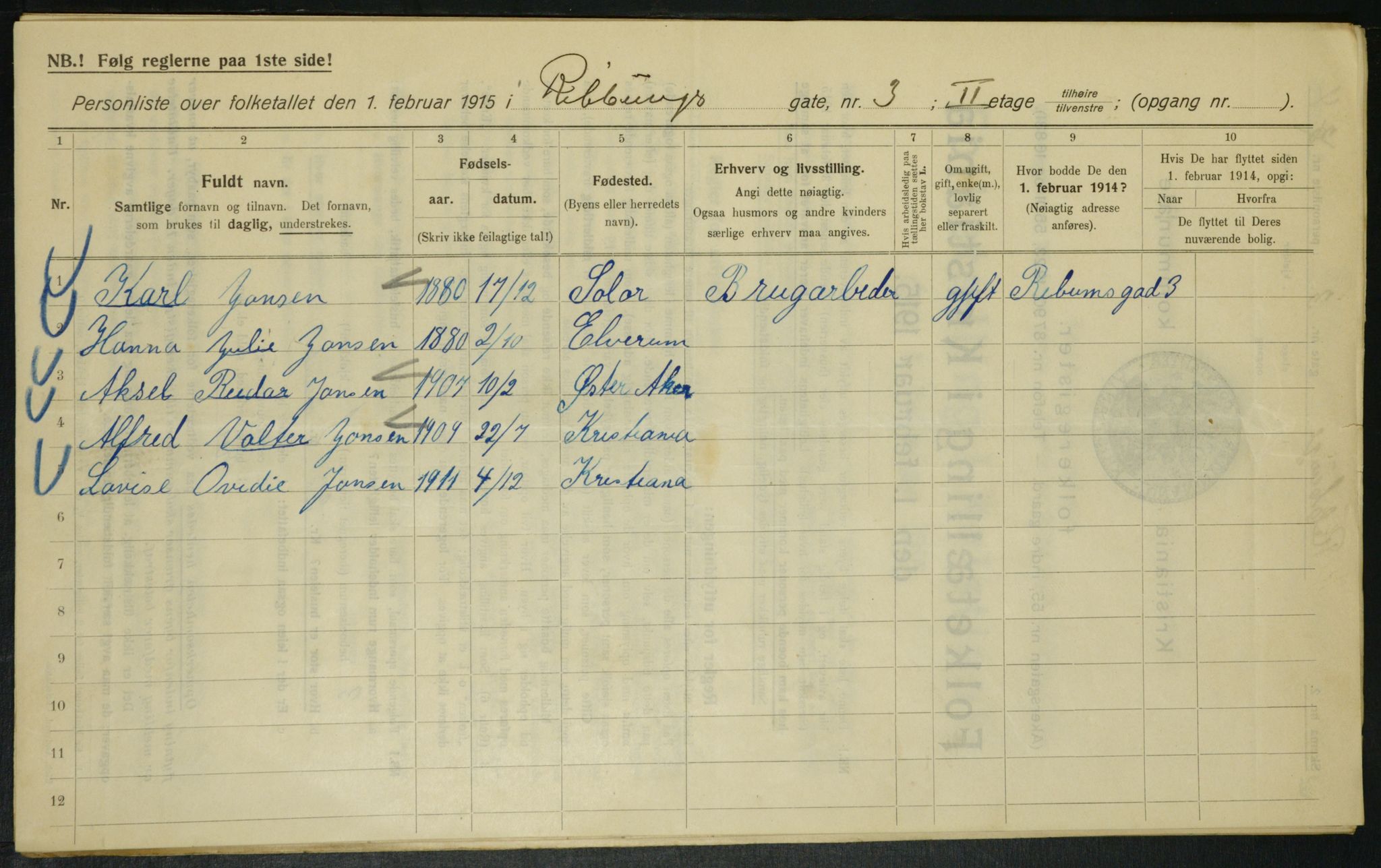 OBA, Kommunal folketelling 1.2.1915 for Kristiania, 1915, s. 82669