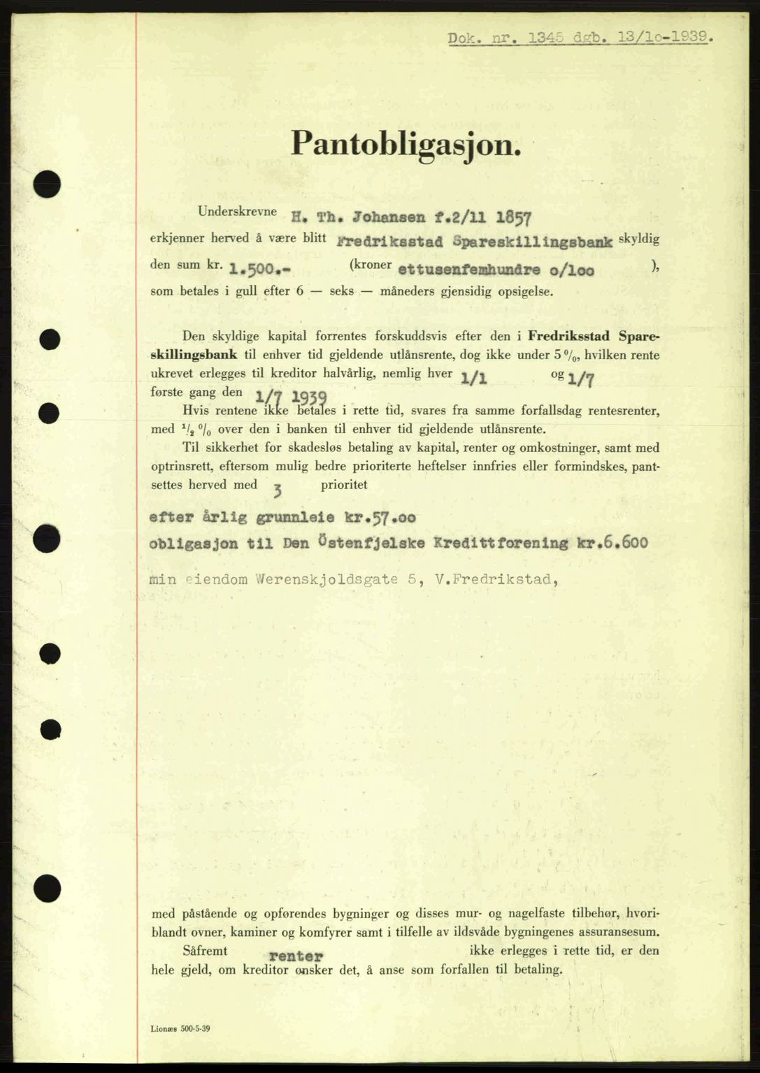 Fredrikstad byfogd, SAO/A-10473a/G/Ga/Gad/L0002: Pantebok nr. B2, 1938-1939, Dagboknr: 1345/1939