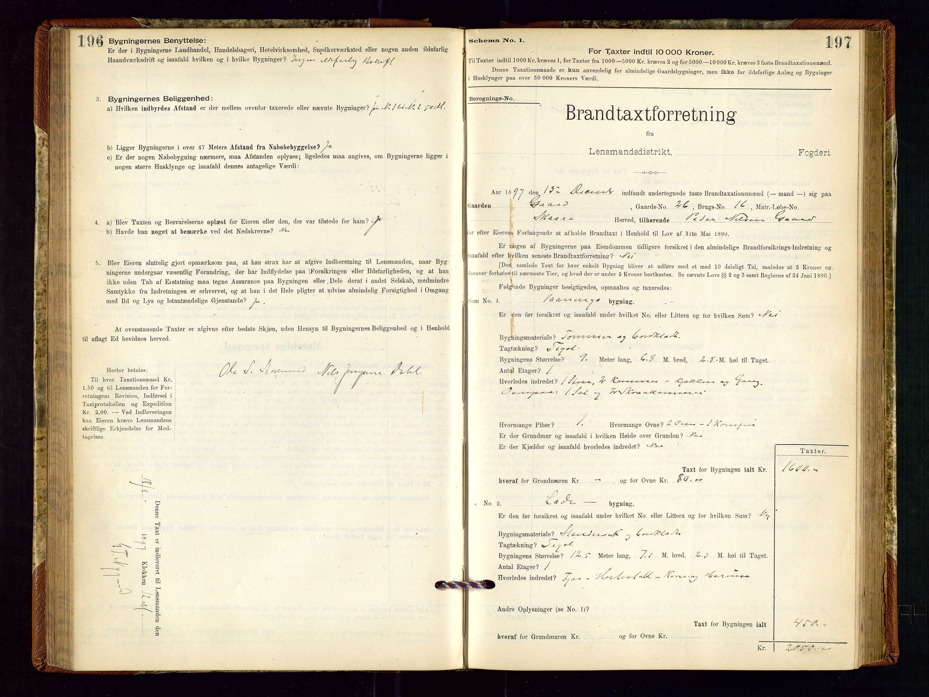 Torvestad lensmannskontor, SAST/A-100307/1/Gob/L0001: "Brandtaxationsprotokol for Torvestad Lensmannsdistrikt", 1895-1904, s. 196-197