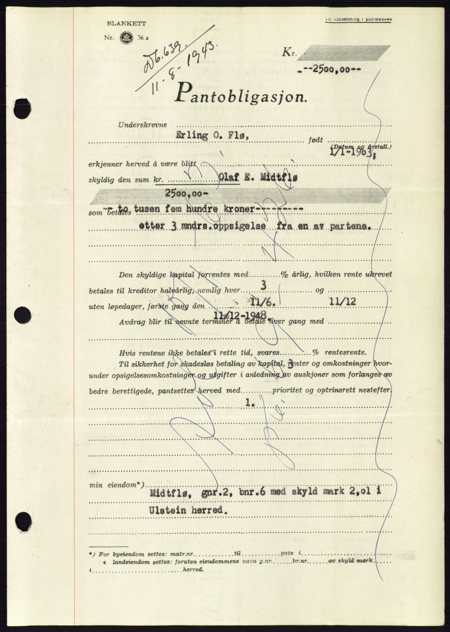 Søre Sunnmøre sorenskriveri, AV/SAT-A-4122/1/2/2C/L0114: Pantebok nr. 1-2B, 1943-1947, Dagboknr: 639/1943