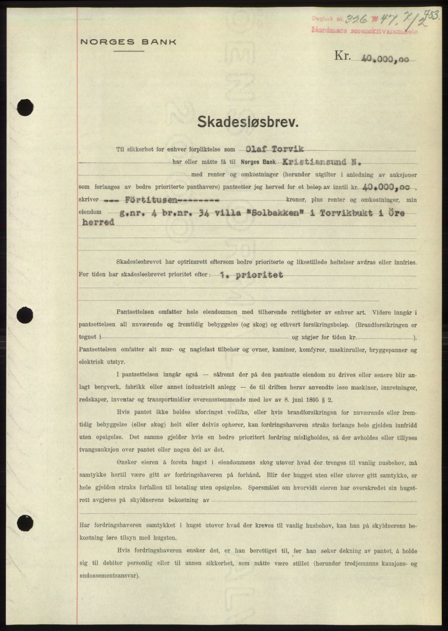 Nordmøre sorenskriveri, SAT/A-4132/1/2/2Ca: Pantebok nr. B95, 1946-1947, Dagboknr: 326/1947
