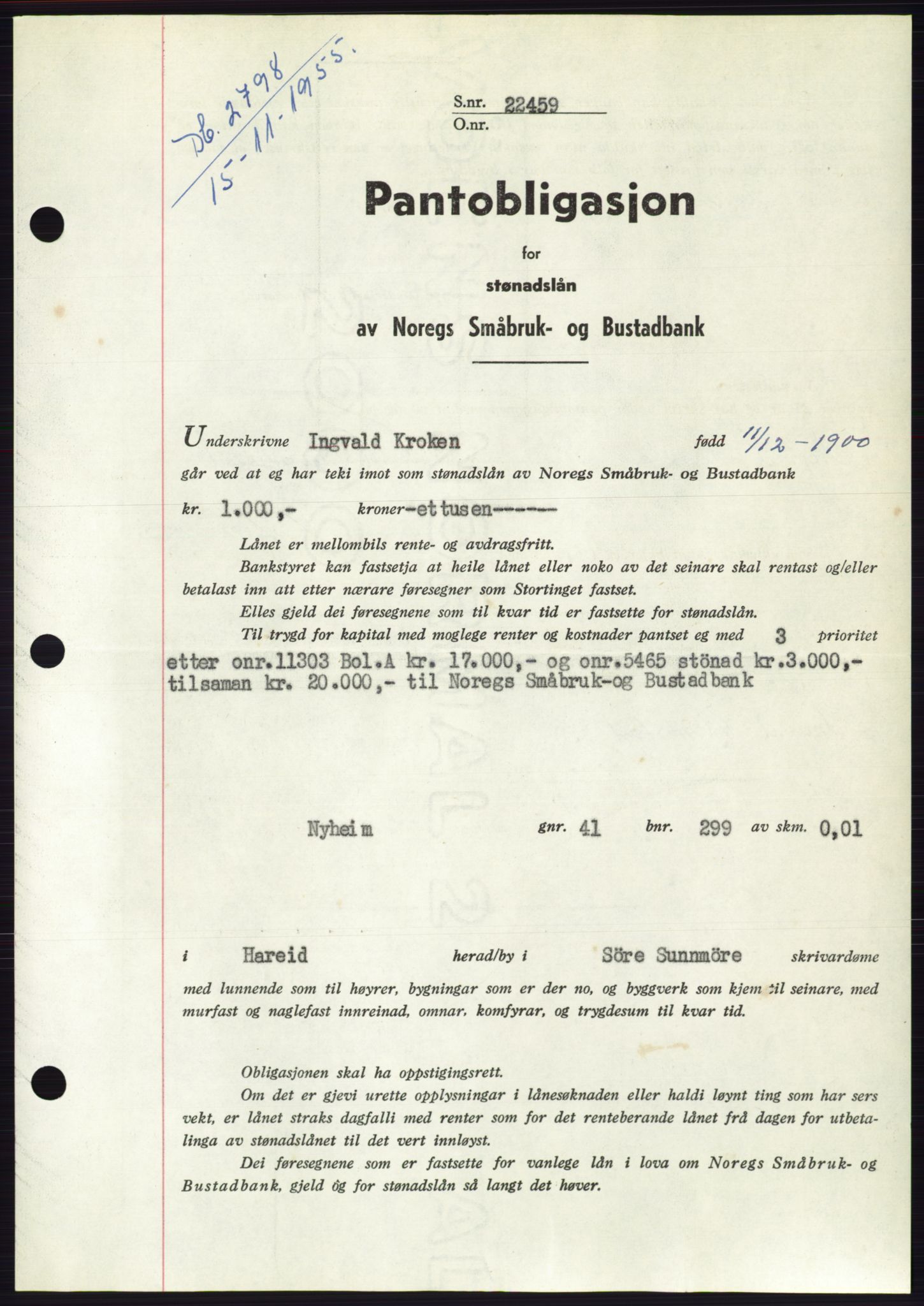 Søre Sunnmøre sorenskriveri, SAT/A-4122/1/2/2C/L0127: Pantebok nr. 15B, 1955-1955, Dagboknr: 2798/1955