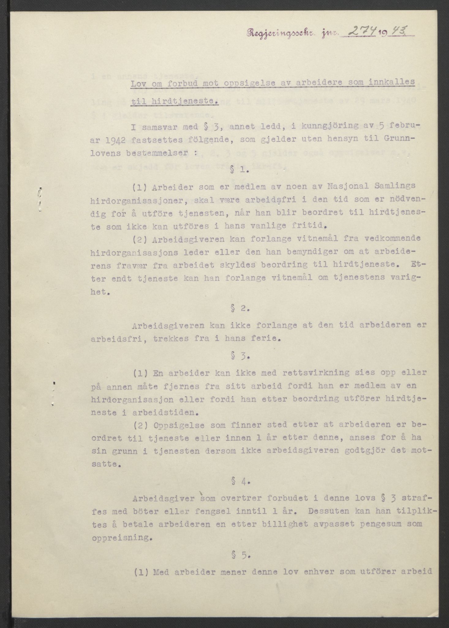 NS-administrasjonen 1940-1945 (Statsrådsekretariatet, de kommisariske statsråder mm), AV/RA-S-4279/D/Db/L0099: Lover, 1943, s. 529