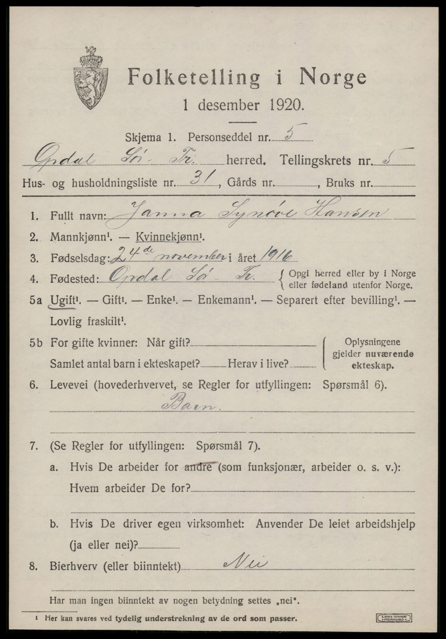 SAT, Folketelling 1920 for 1634 Oppdal herred, 1920, s. 5315