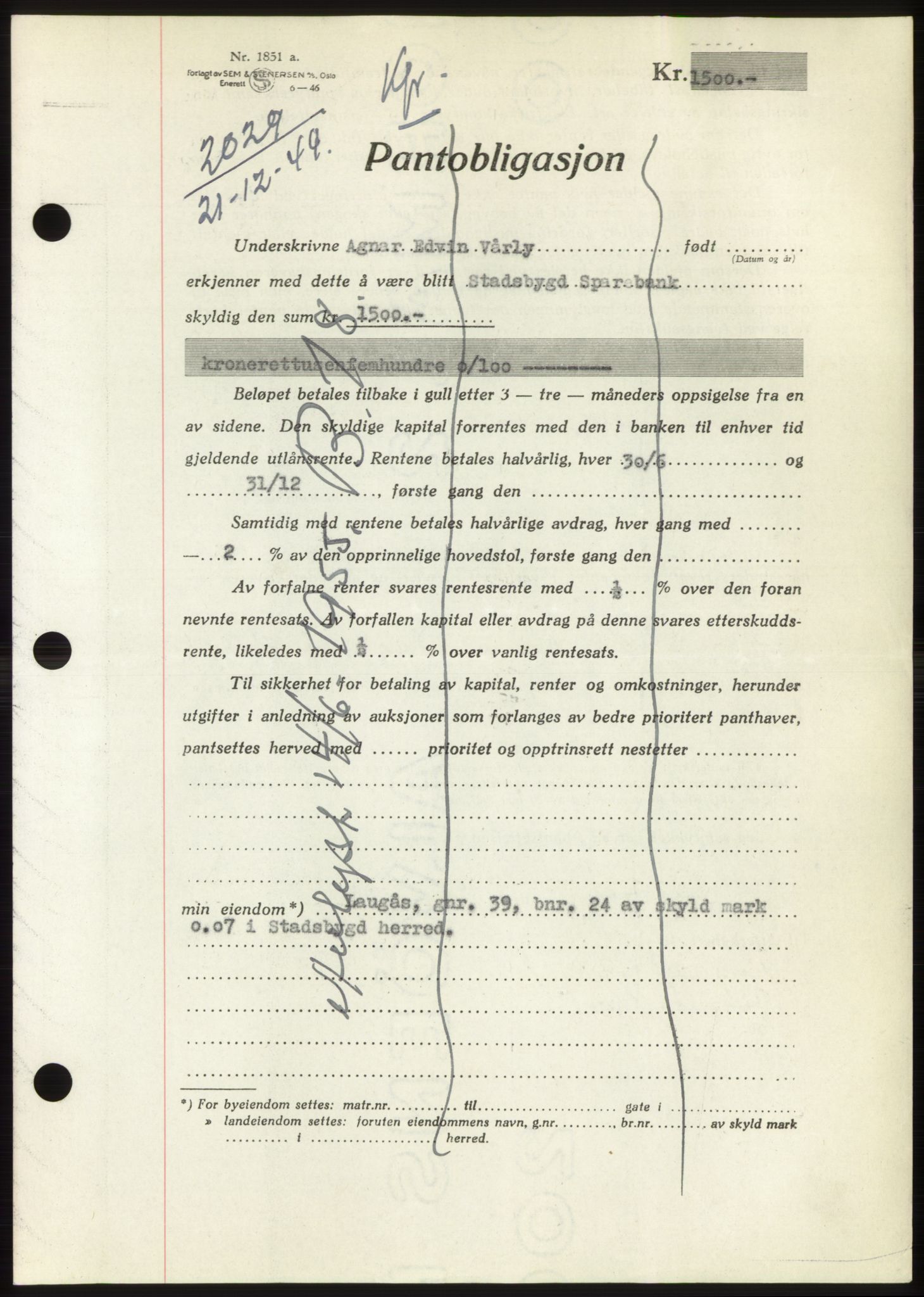 Fosen sorenskriveri, AV/SAT-A-1107/1/2/2C: Pantebok nr. B, 1948-1950, Dagboknr: 2029/1949