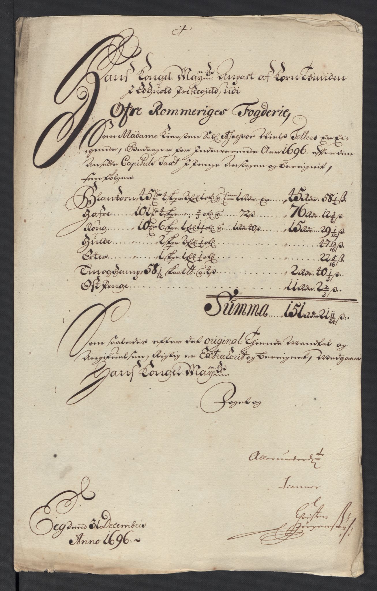 Rentekammeret inntil 1814, Reviderte regnskaper, Fogderegnskap, RA/EA-4092/R12/L0708: Fogderegnskap Øvre Romerike, 1696, s. 56