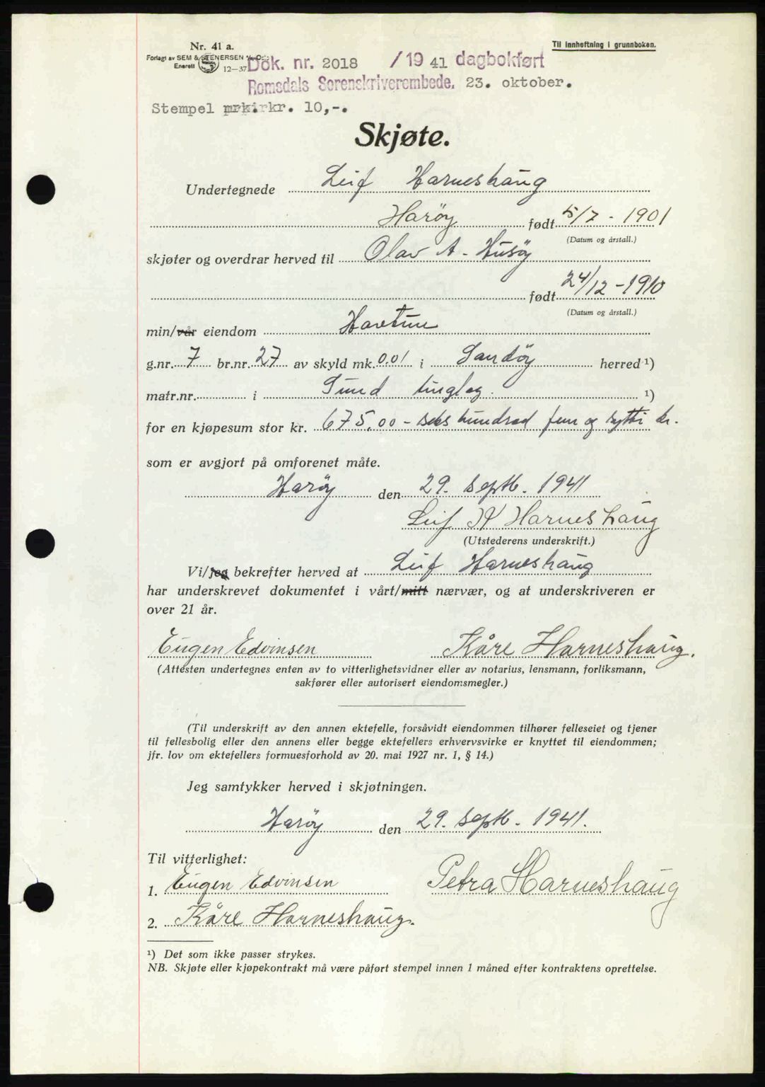 Romsdal sorenskriveri, AV/SAT-A-4149/1/2/2C: Pantebok nr. A11, 1941-1942, Dagboknr: 2018/1941