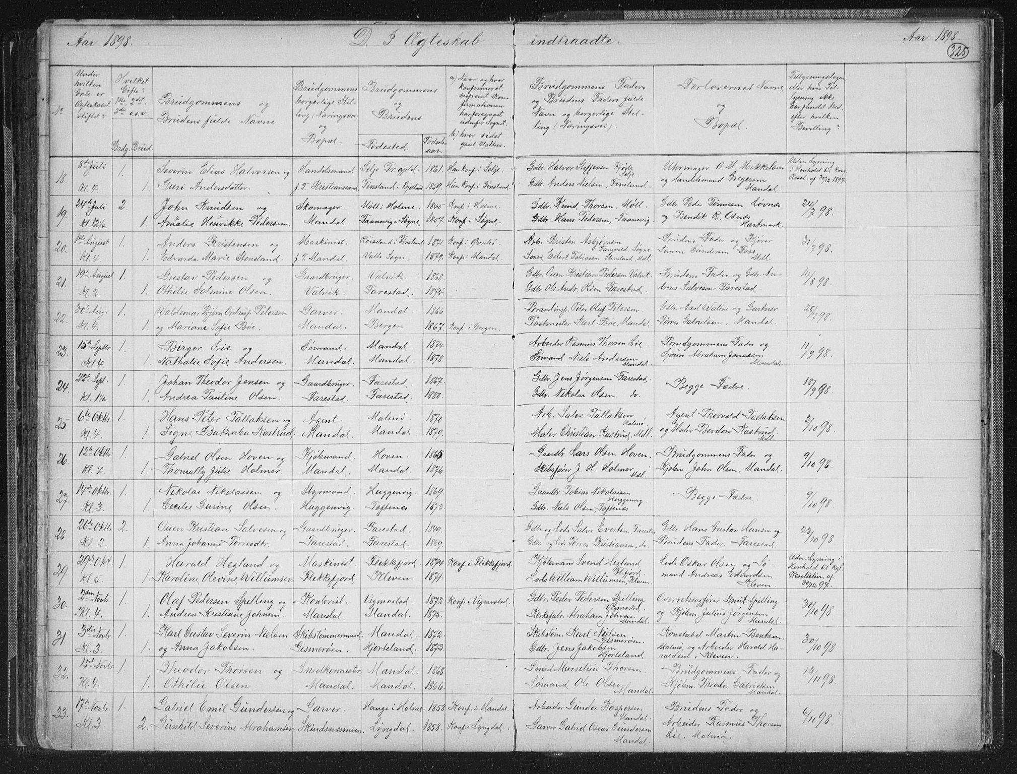 Mandal sokneprestkontor, AV/SAK-1111-0030/F/Fb/Fba/L0011: Klokkerbok nr. B 5, 1880-1898, s. 325