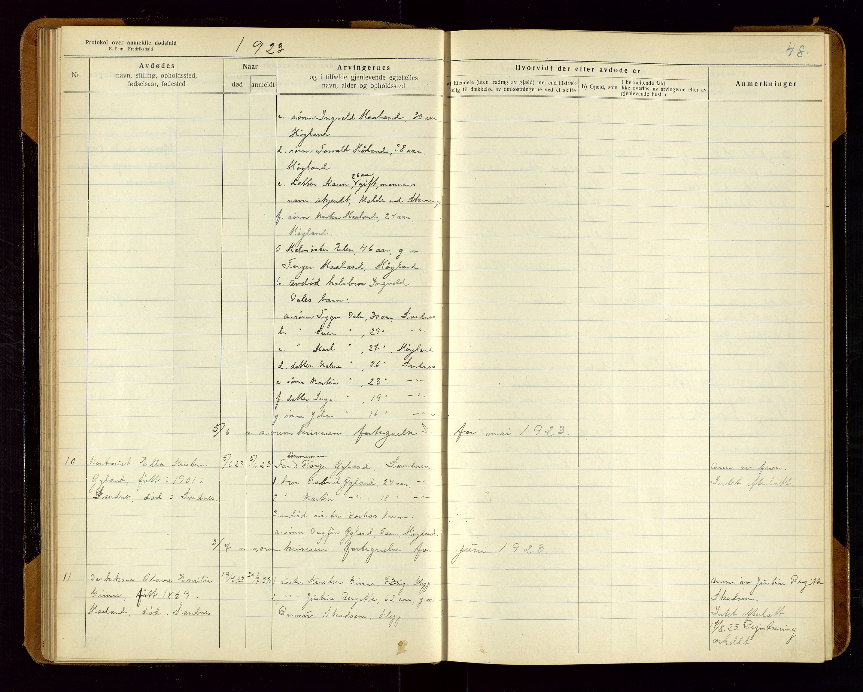 Sandnes lensmannskontor, AV/SAST-A-100167/Gga/L0001: "Protokol over anmeldte dødsfald" m/register, 1918-1940, s. 48