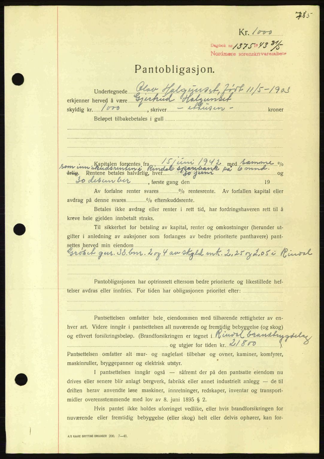 Nordmøre sorenskriveri, SAT/A-4132/1/2/2Ca: Pantebok nr. B90, 1942-1943, Dagboknr: 1375/1943