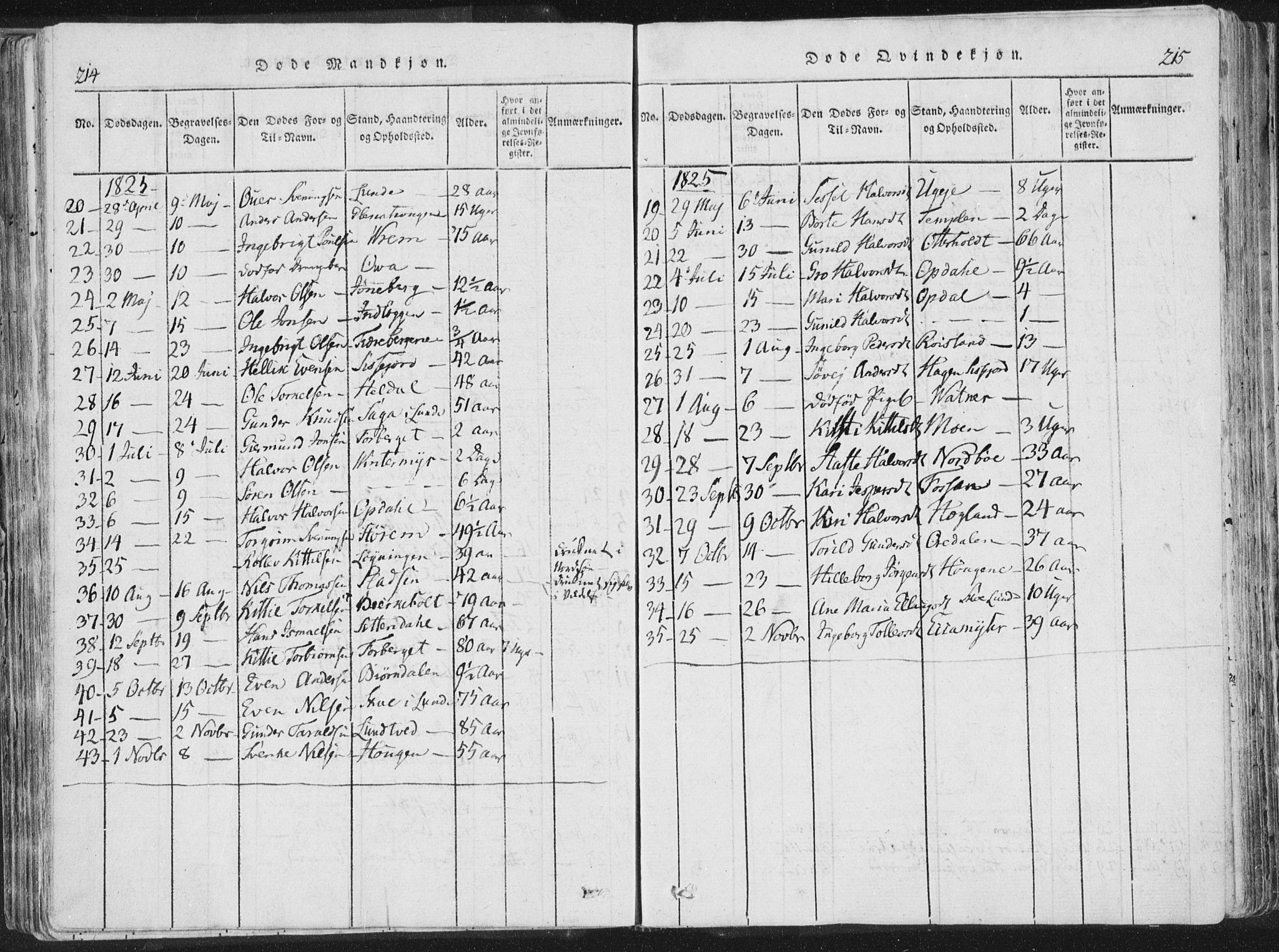 Bø kirkebøker, AV/SAKO-A-257/F/Fa/L0006: Ministerialbok nr. 6, 1815-1831, s. 214-215