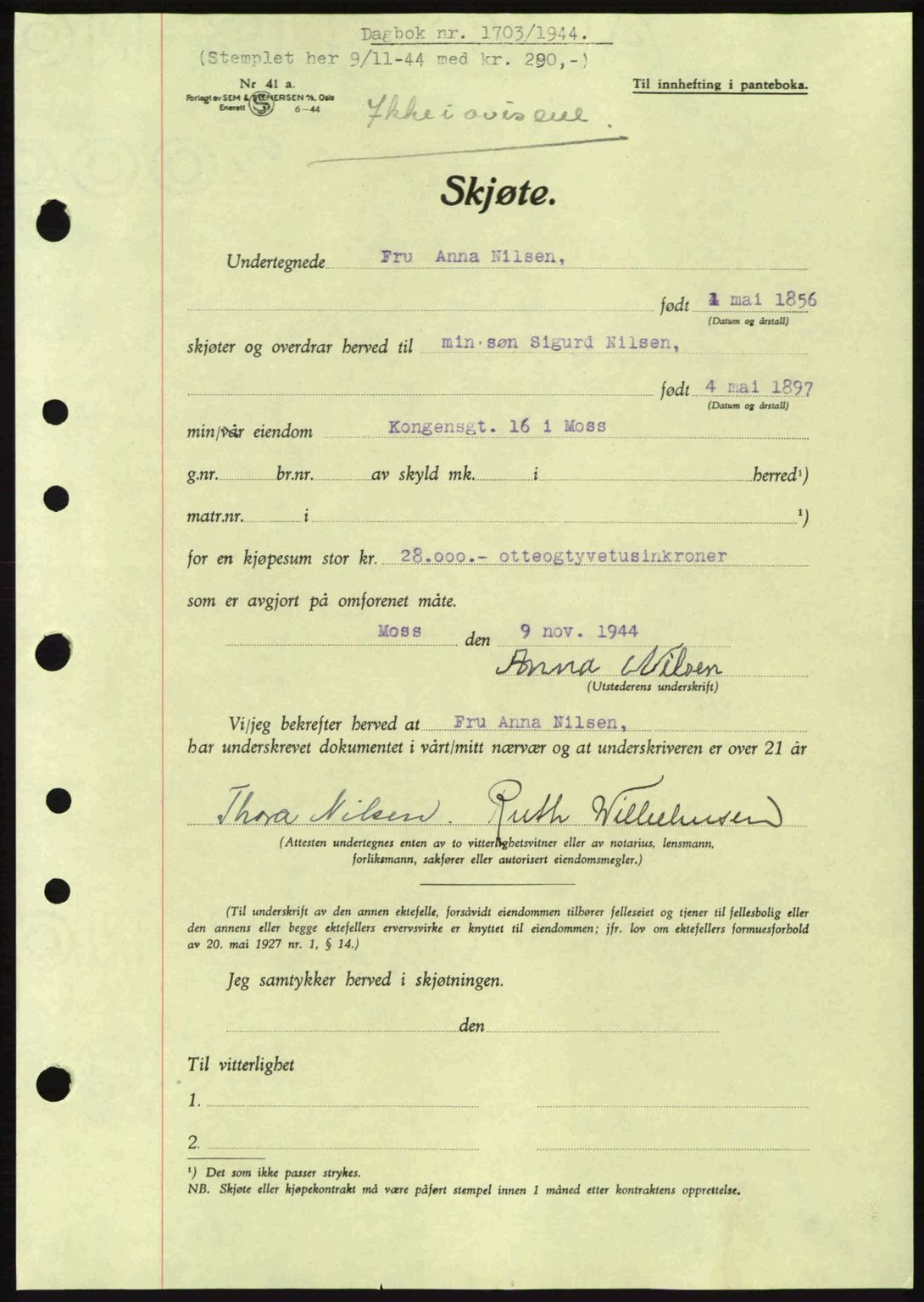 Moss sorenskriveri, SAO/A-10168: Pantebok nr. A13, 1944-1945, Dagboknr: 1703/1944