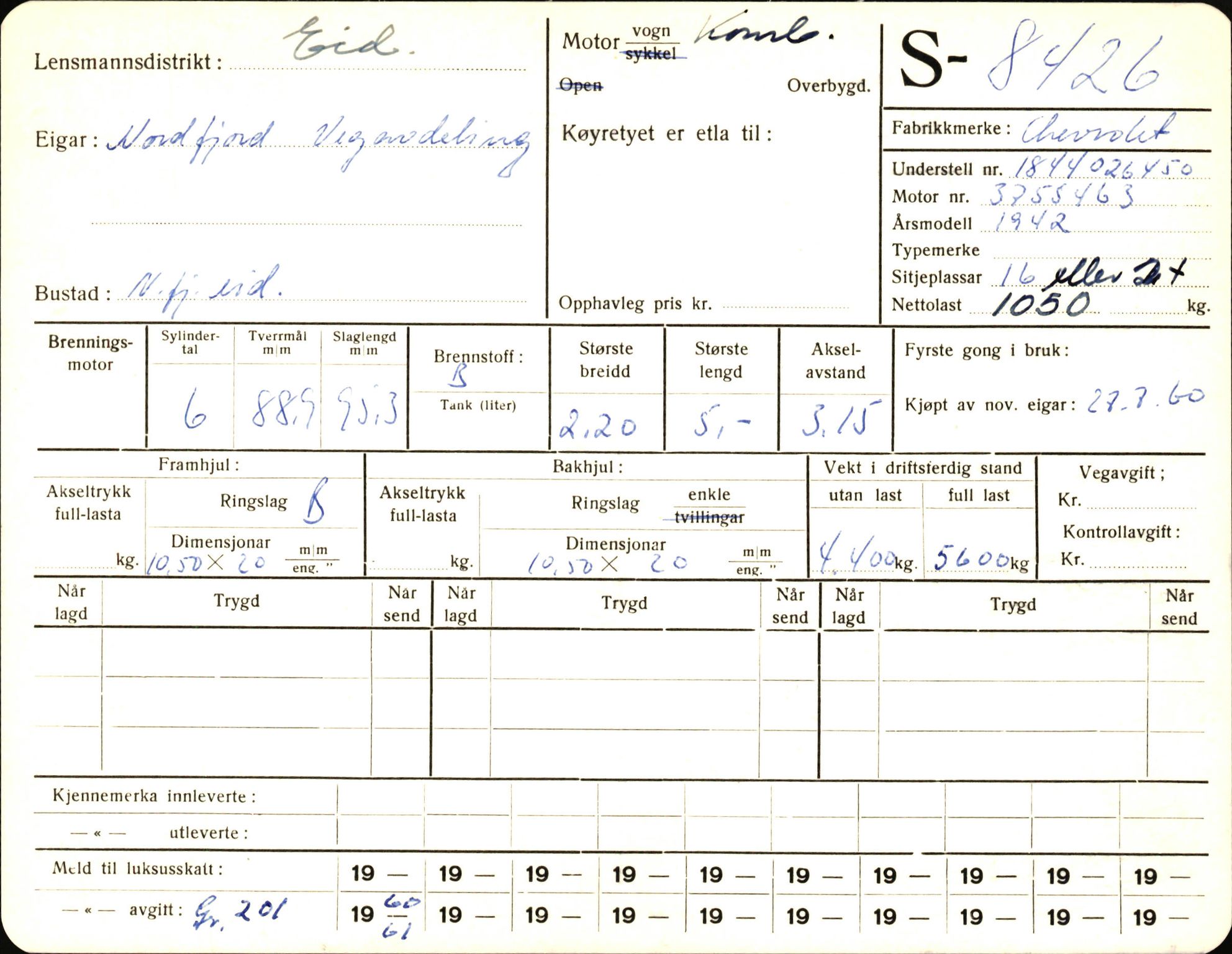 Statens vegvesen, Sogn og Fjordane vegkontor, AV/SAB-A-5301/4/F/L0006: Registerkort utmeldte Fjordane S8300-9500, 1930-1961, s. 203