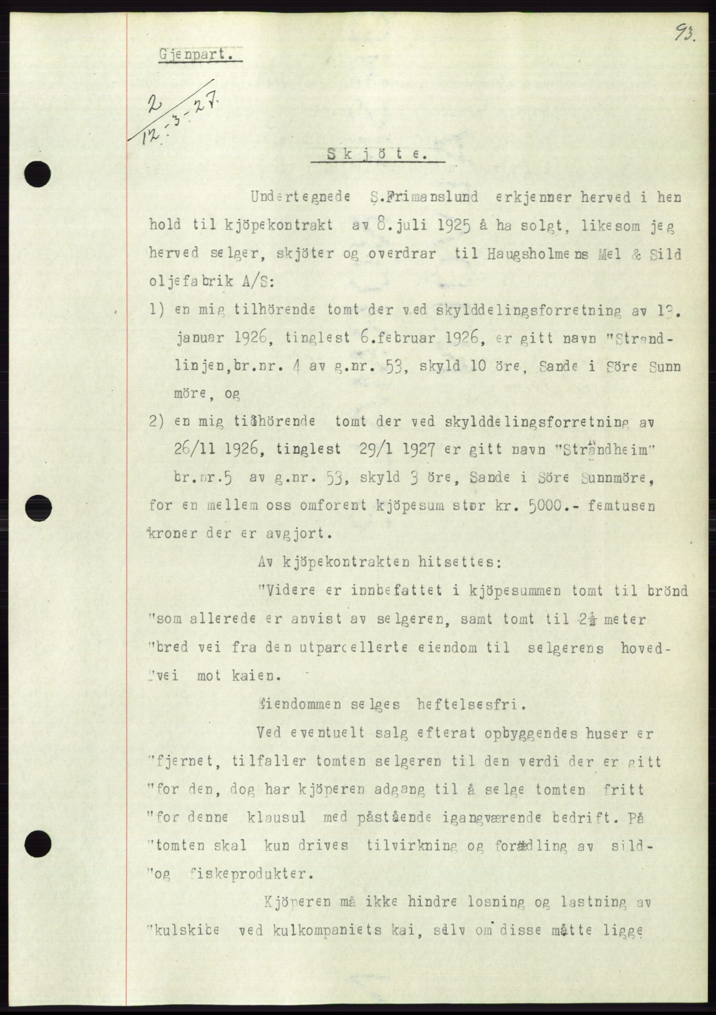 Søre Sunnmøre sorenskriveri, SAT/A-4122/1/2/2C/L0046: Pantebok nr. 40, 1927-1927, Tingl.dato: 12.03.1927