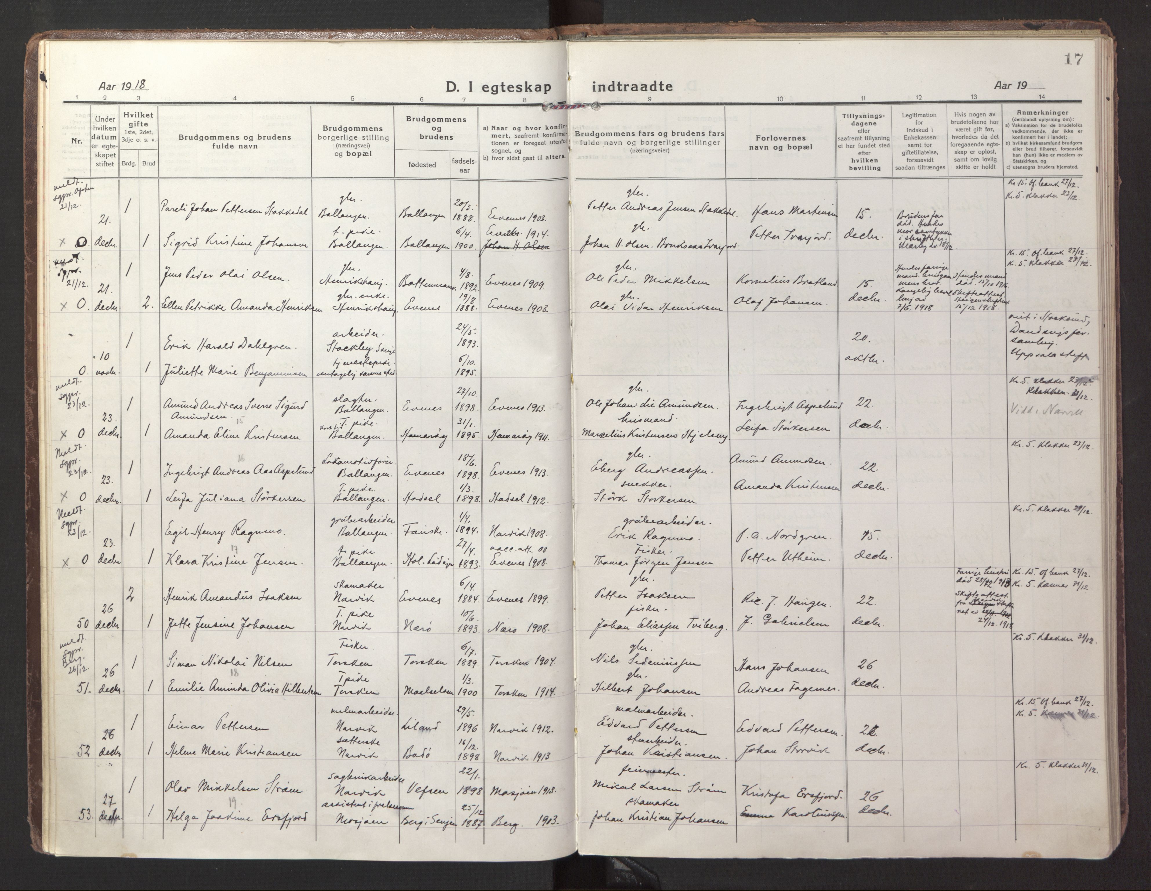 Ministerialprotokoller, klokkerbøker og fødselsregistre - Nordland, AV/SAT-A-1459/871/L1002: Ministerialbok nr. 871A18, 1917-1926, s. 17