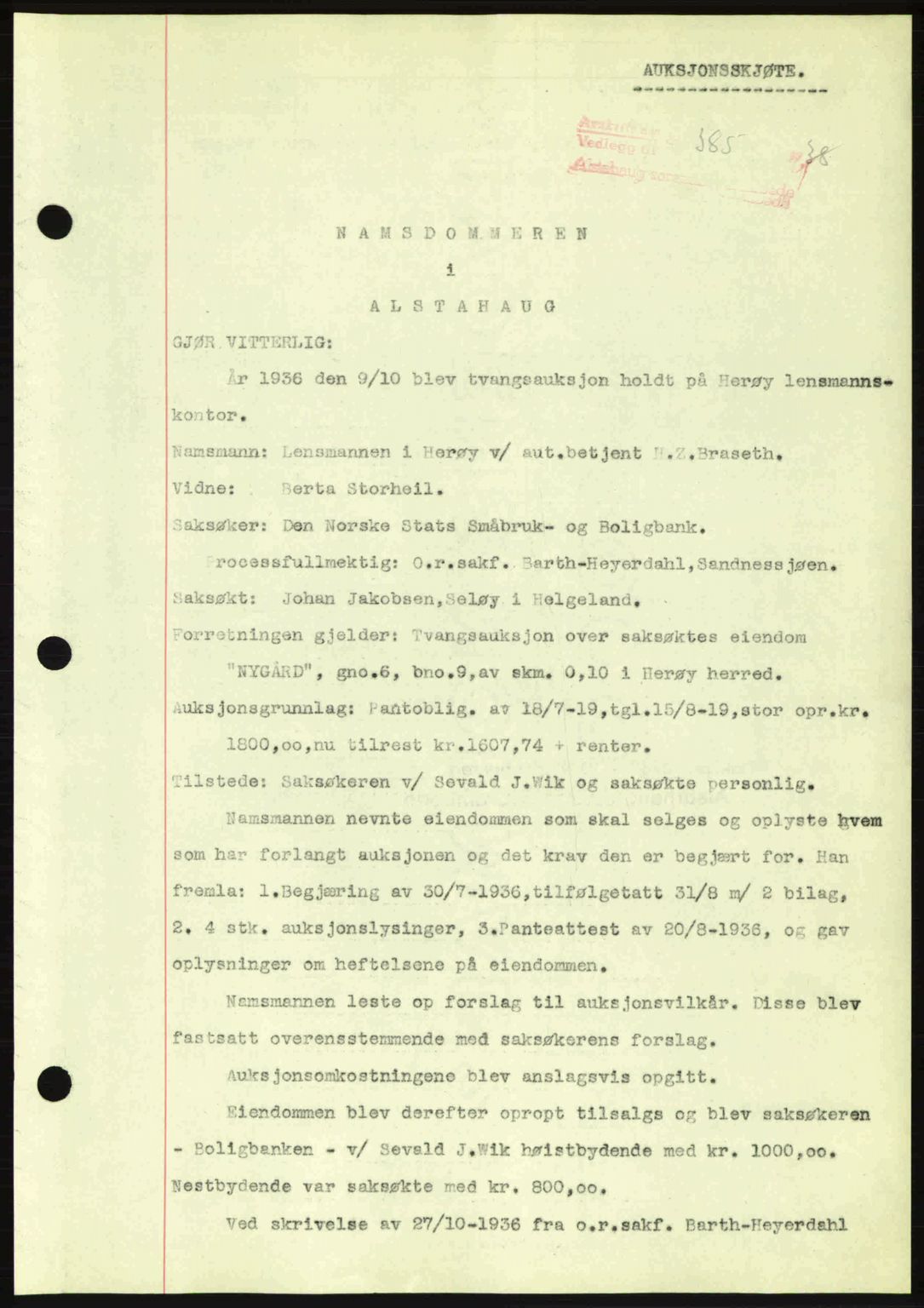 Alstahaug sorenskriveri, SAT/A-1009: Pantebok nr. A3, 1937-1938, Dagboknr: 385/1938