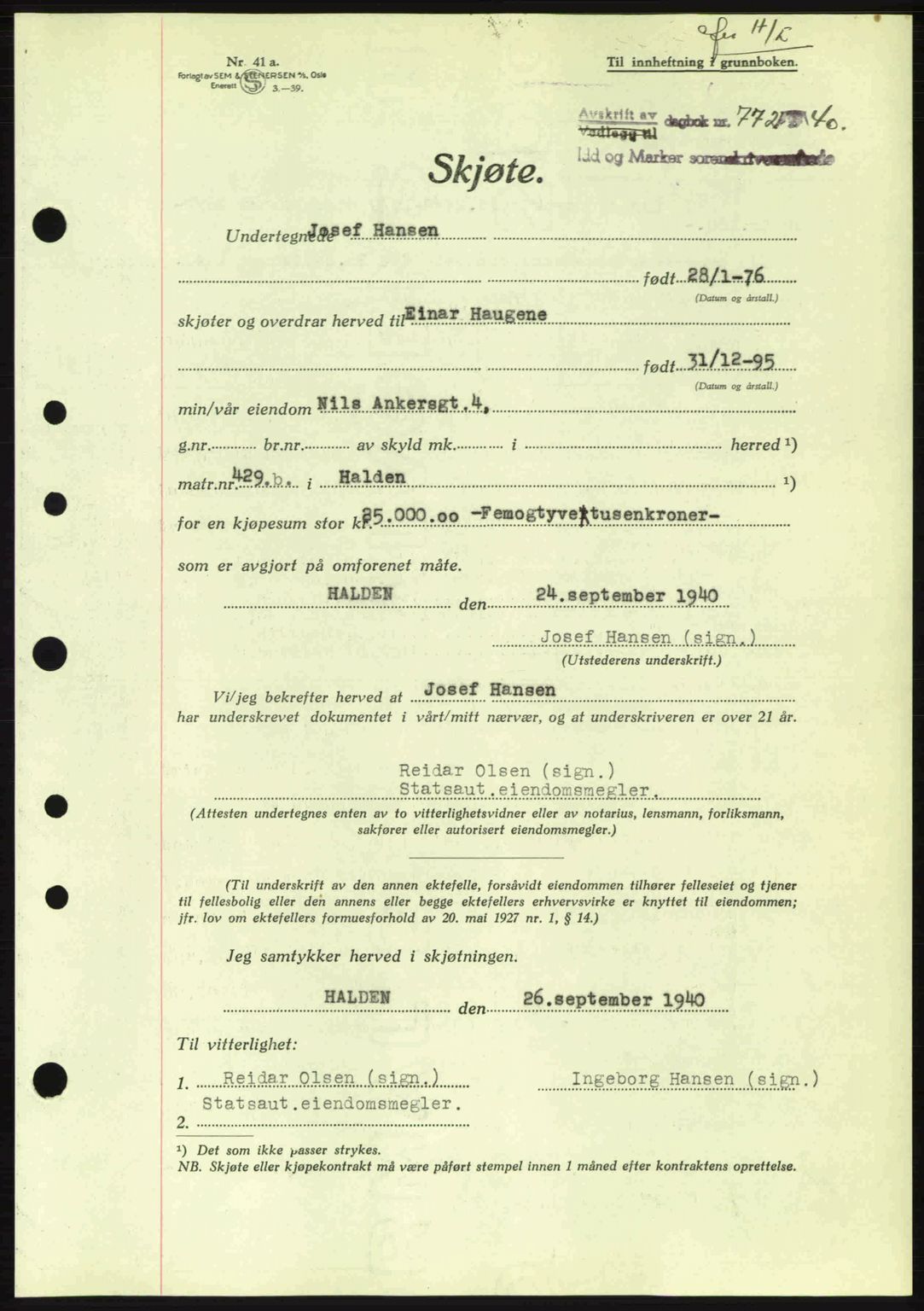 Idd og Marker sorenskriveri, AV/SAO-A-10283/G/Gb/Gbb/L0004: Pantebok nr. A4, 1940-1941, Dagboknr: 772/1940
