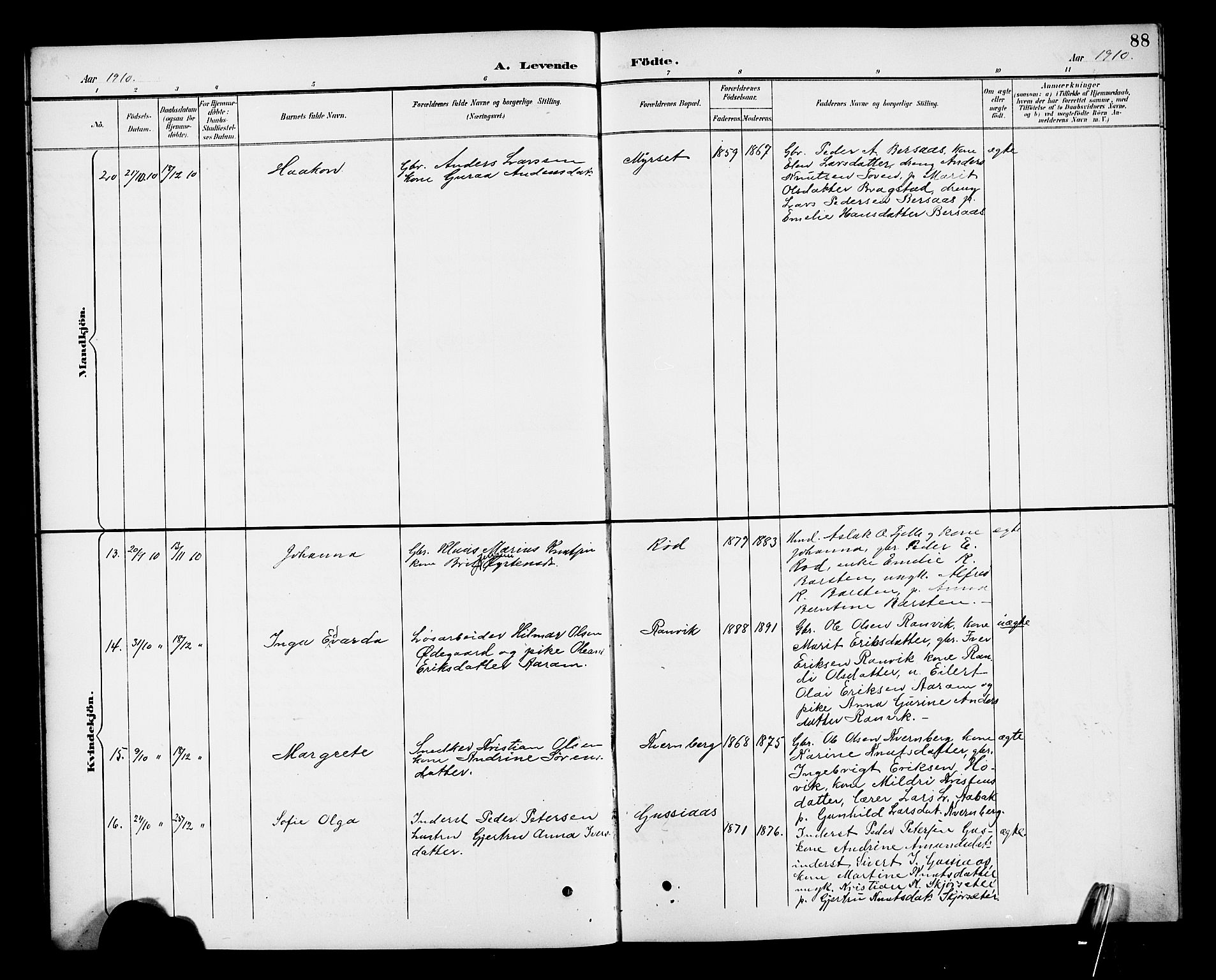 Ministerialprotokoller, klokkerbøker og fødselsregistre - Møre og Romsdal, SAT/A-1454/551/L0632: Klokkerbok nr. 551C04, 1894-1920, s. 88