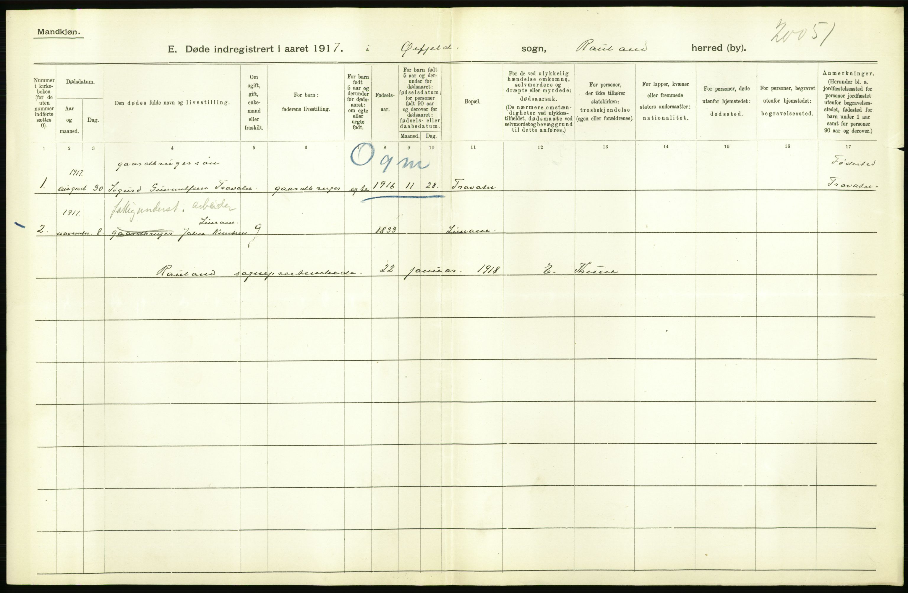 Statistisk sentralbyrå, Sosiodemografiske emner, Befolkning, RA/S-2228/D/Df/Dfb/Dfbg/L0026: Bratsberg amt: Døde, dødfødte. Bygder og byer., 1917, s. 180