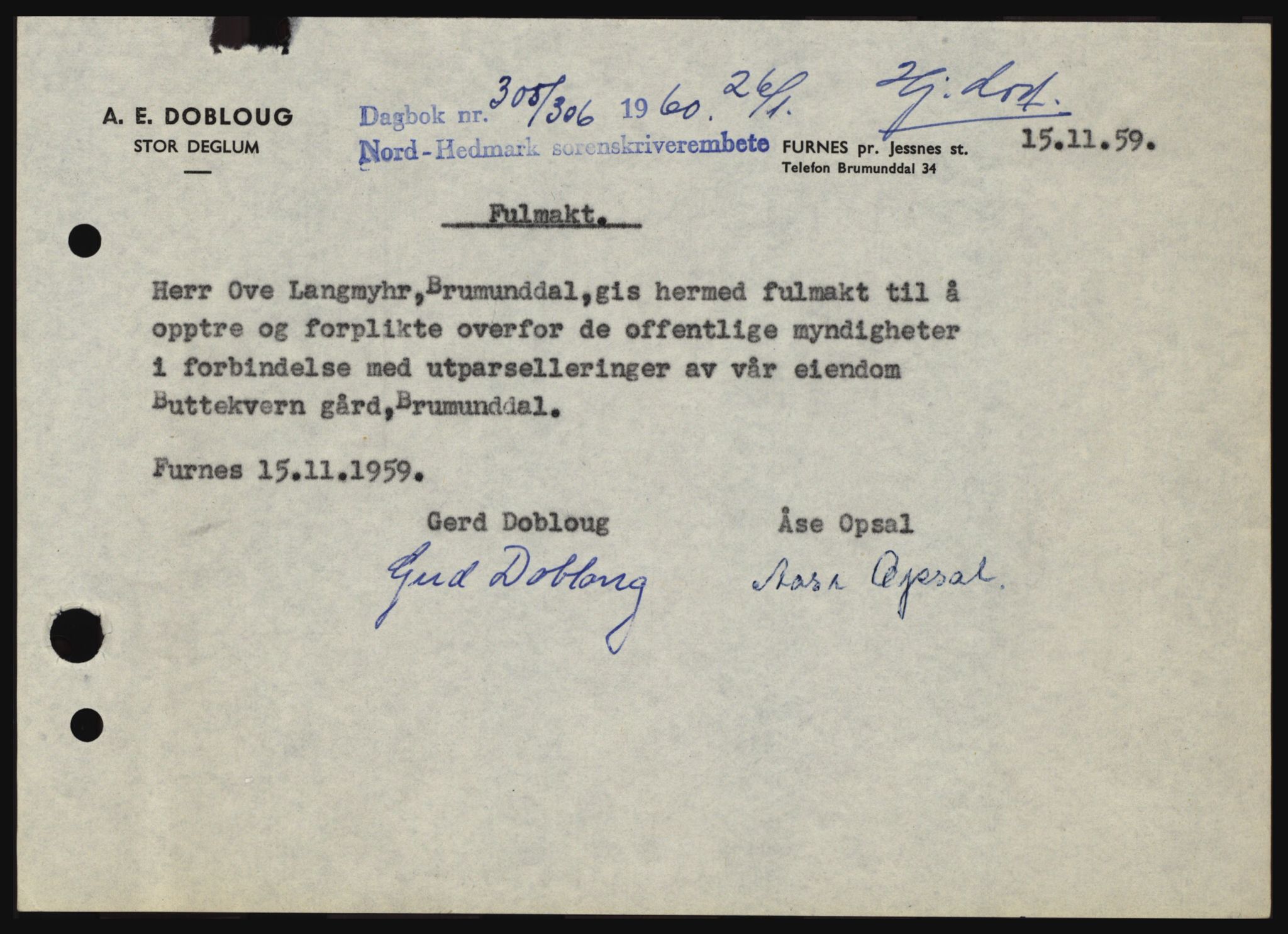 Nord-Hedmark sorenskriveri, SAH/TING-012/H/Hc/L0013: Pantebok nr. 13, 1959-1960, Dagboknr: 305/1960