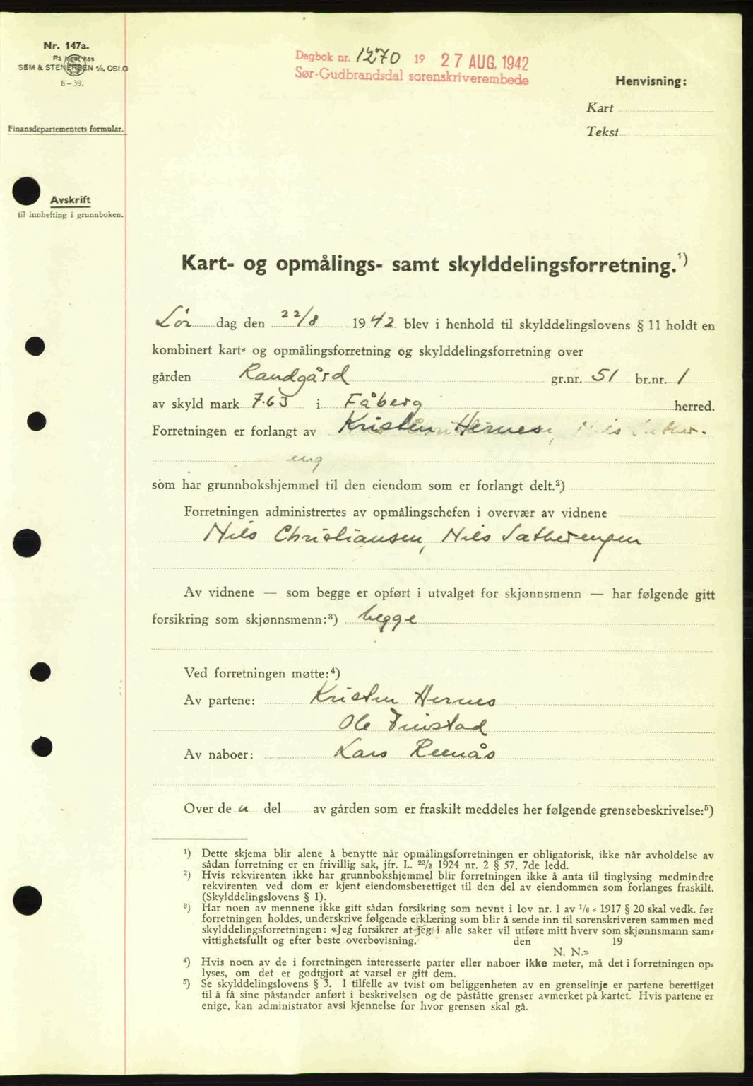 Sør-Gudbrandsdal tingrett, SAH/TING-004/H/Hb/Hbd/L0011: Pantebok nr. A11, 1942-1943, Dagboknr: 1270/1942