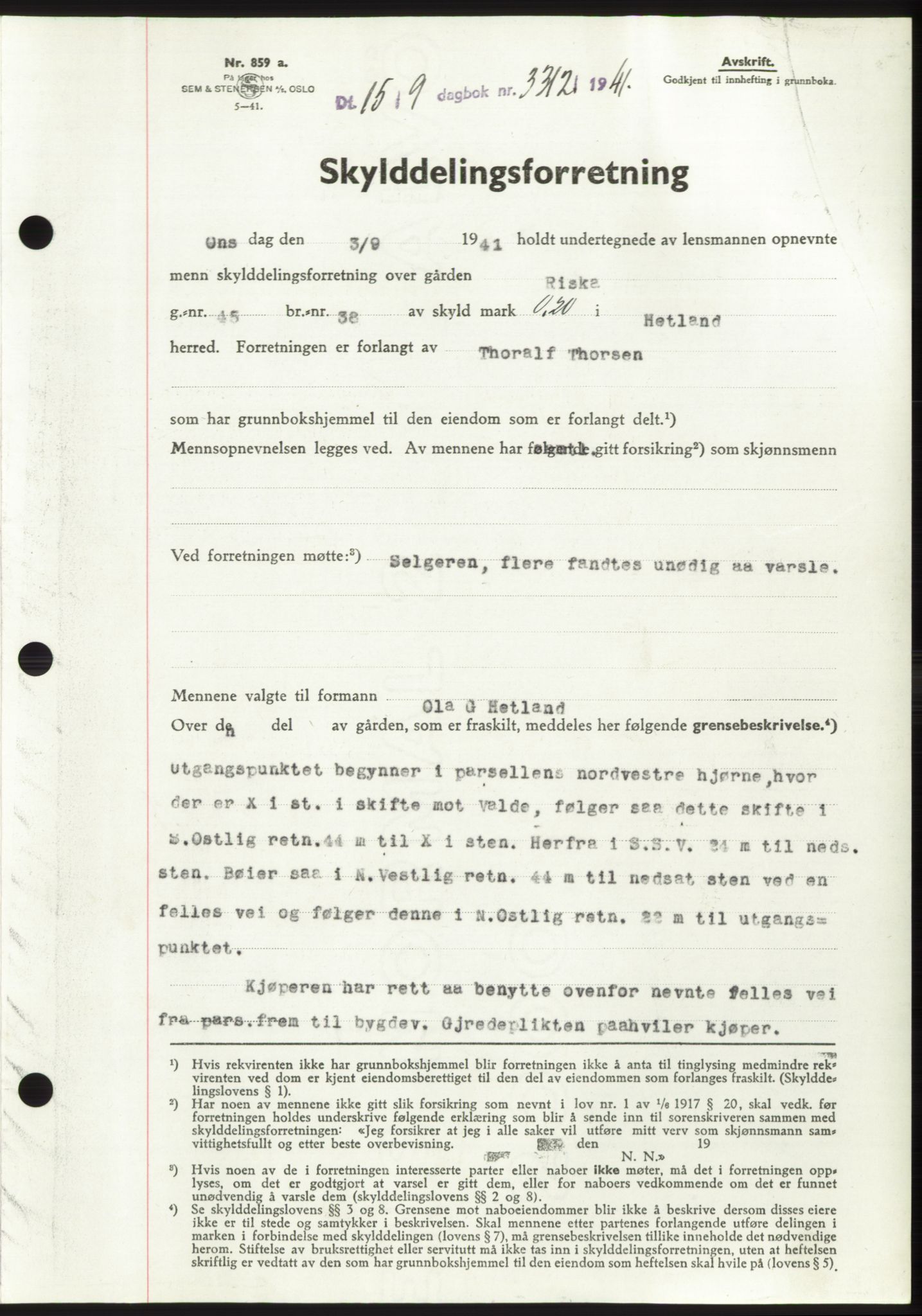 Jæren sorenskriveri, SAST/A-100310/03/G/Gba/L0081: Pantebok, 1941-1941, Dagboknr: 3312/1941