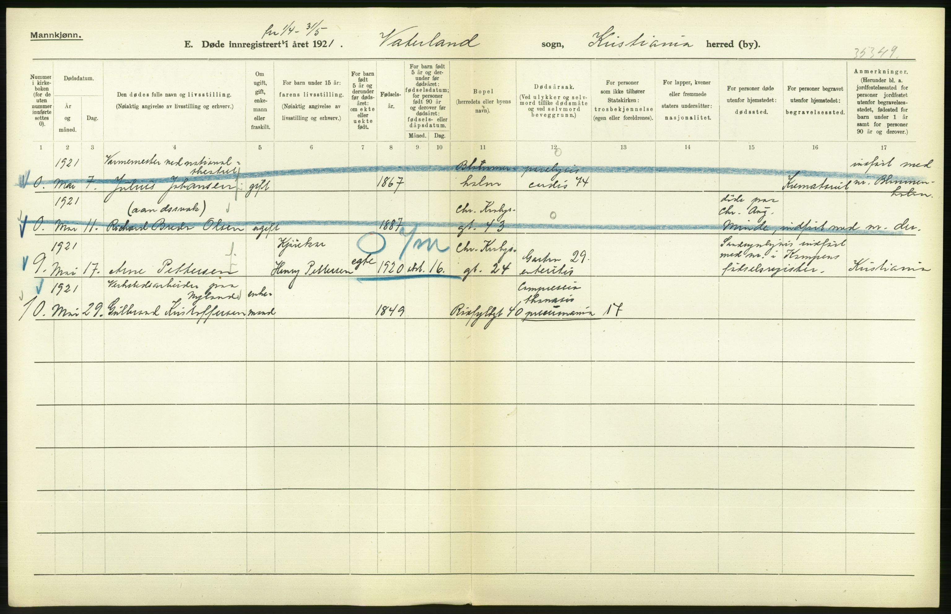 Statistisk sentralbyrå, Sosiodemografiske emner, Befolkning, AV/RA-S-2228/D/Df/Dfc/Dfca/L0013: Kristiania: Døde, dødfødte, 1921, s. 110