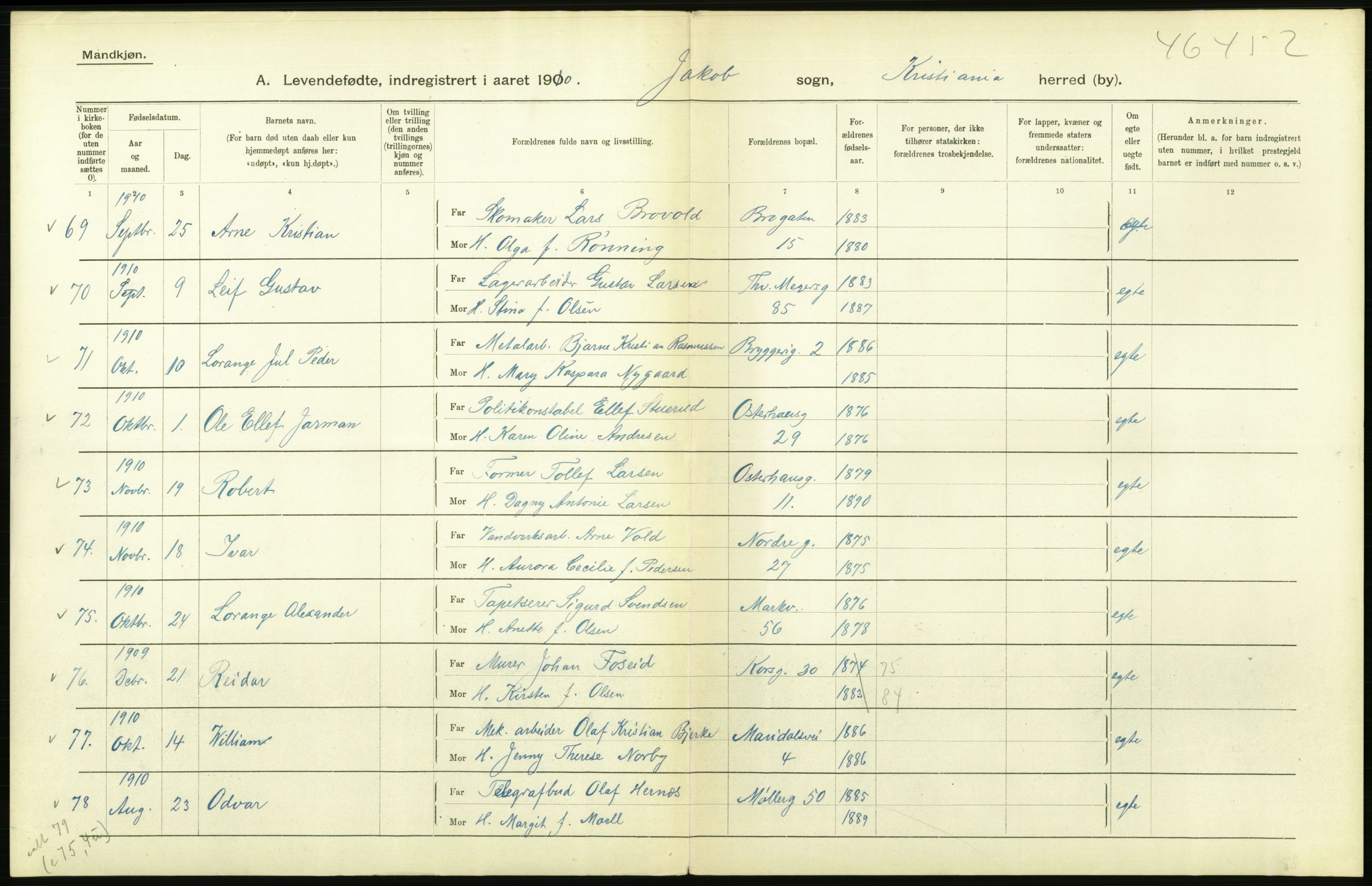 Statistisk sentralbyrå, Sosiodemografiske emner, Befolkning, AV/RA-S-2228/D/Df/Dfb/Dfba/L0006: Kristiania: Levendefødte menn., 1911, s. 728