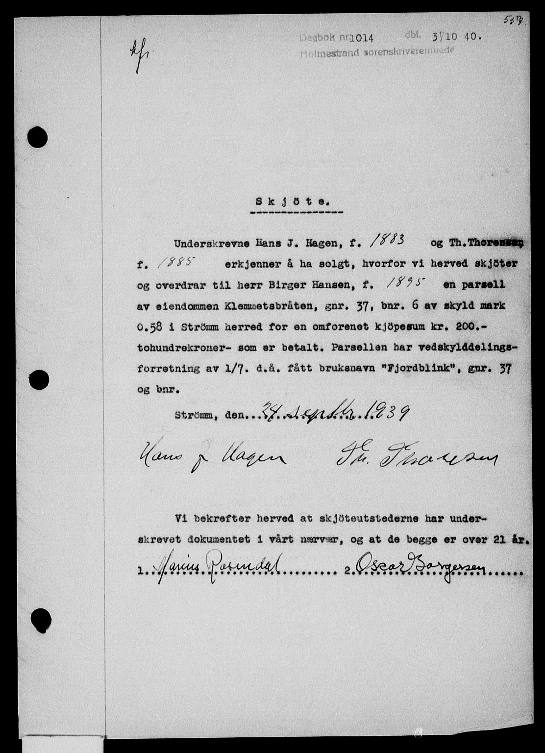 Holmestrand sorenskriveri, SAKO/A-67/G/Ga/Gaa/L0052: Pantebok nr. A-52, 1940-1941, Dagboknr: 1014/1940