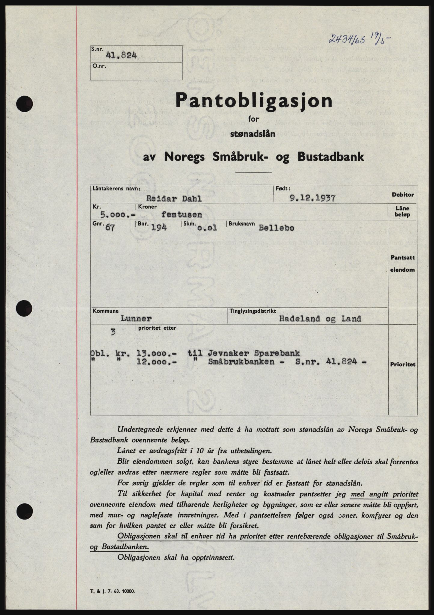 Hadeland og Land tingrett, SAH/TING-010/H/Hb/Hbc/L0058: Pantebok nr. B58, 1965-1965, Dagboknr: 2434/1965