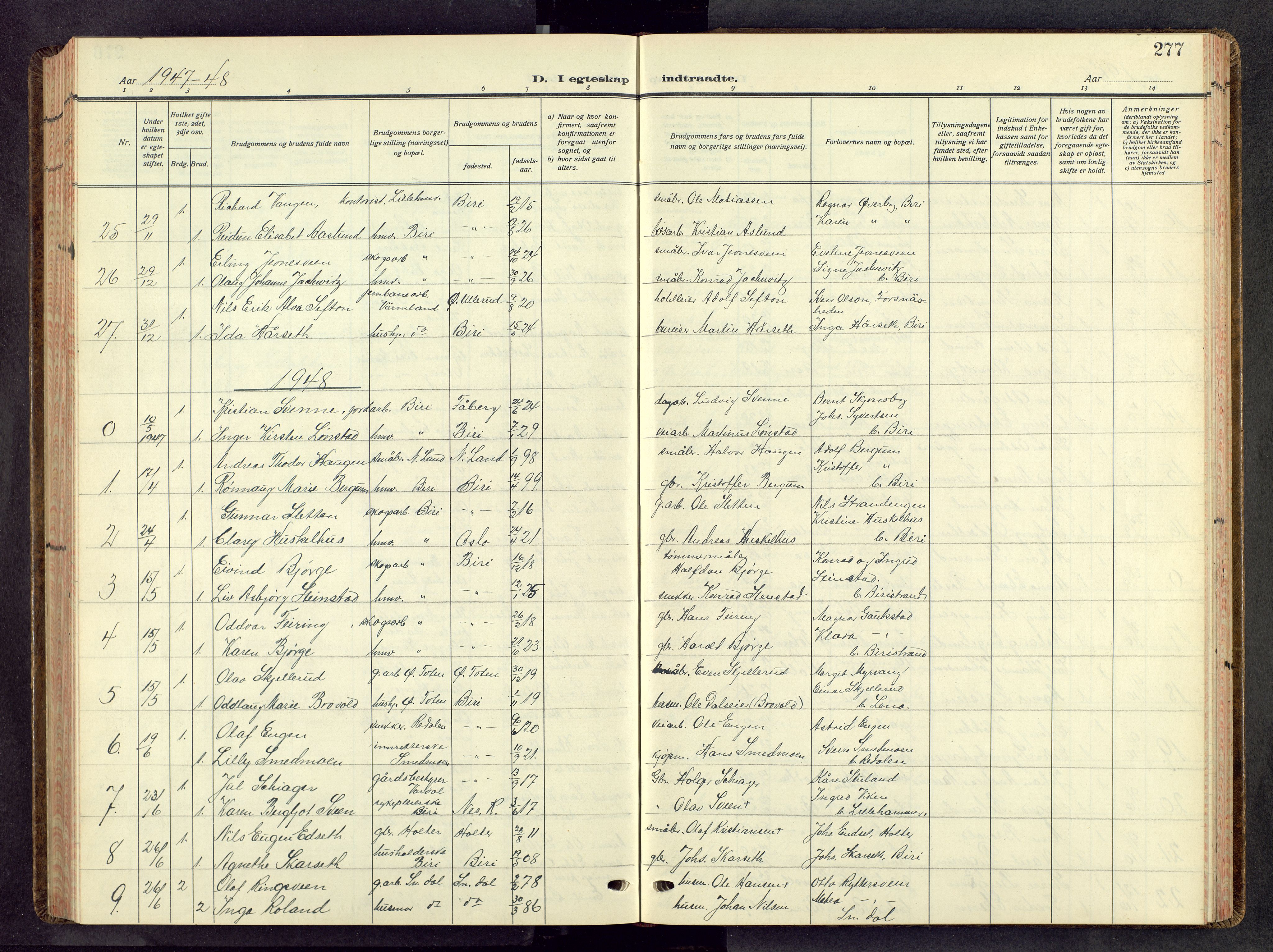 Biri prestekontor, AV/SAH-PREST-096/H/Ha/Hab/L0008: Klokkerbok nr. 8, 1939-1962, s. 277