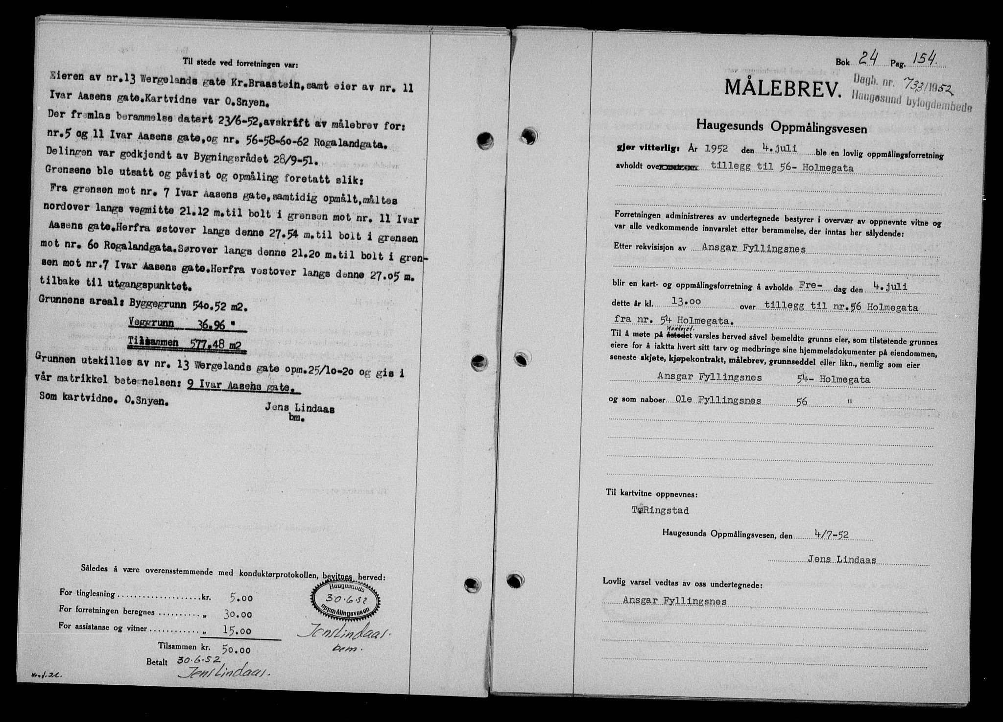Haugesund tingrett, SAST/A-101415/01/II/IIC/L0065: Pantebok nr. A 6, 1951-1953, Dagboknr: 733/1952