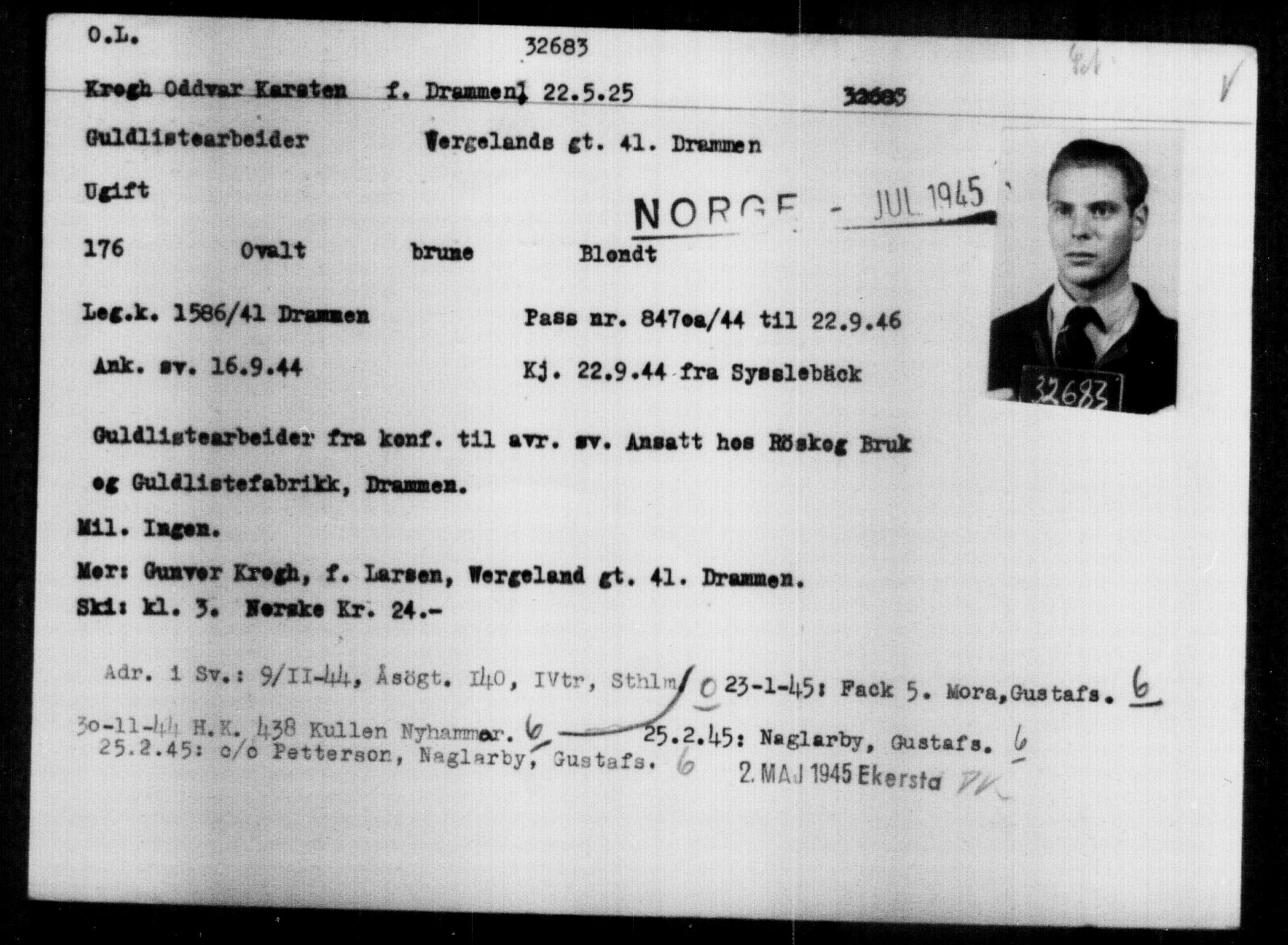 Utenriksstasjonene, Legasjonen i Stockholm, Flyktningkontoret, AV/RA-S-6753/V/Va/L0013: Kjesäterkartoteket, flyktninger med registreringsnr. 31500-34731, 1940-1945, s. 1245
