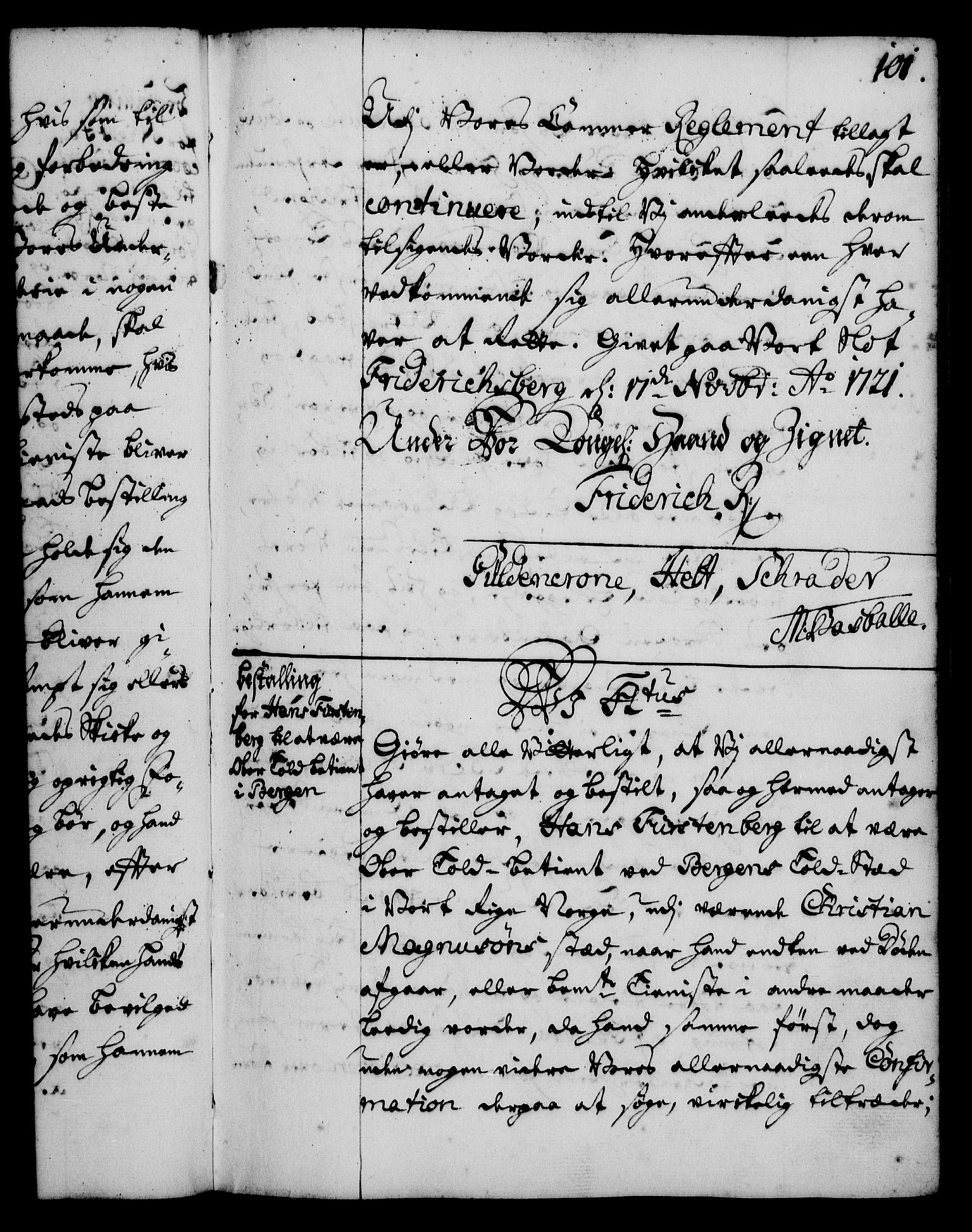 Rentekammeret, Kammerkanselliet, RA/EA-3111/G/Gg/Gge/L0001: Norsk bestallingsprotokoll med register (merket RK 53.25), 1720-1730, s. 101