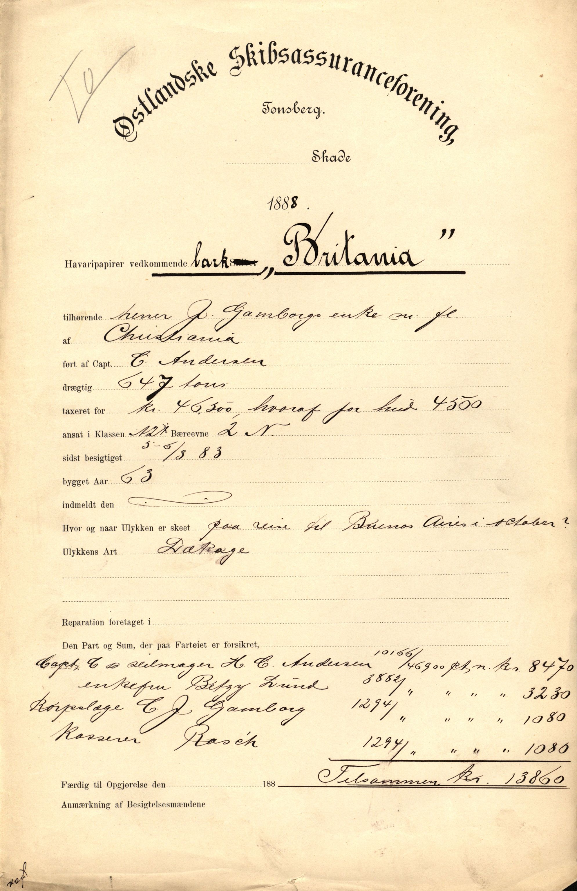 Pa 63 - Østlandske skibsassuranceforening, VEMU/A-1079/G/Ga/L0021/0008: Havaridokumenter / Betsy & Arnold, Bertrand, Brillant, Britania, 1888, s. 15